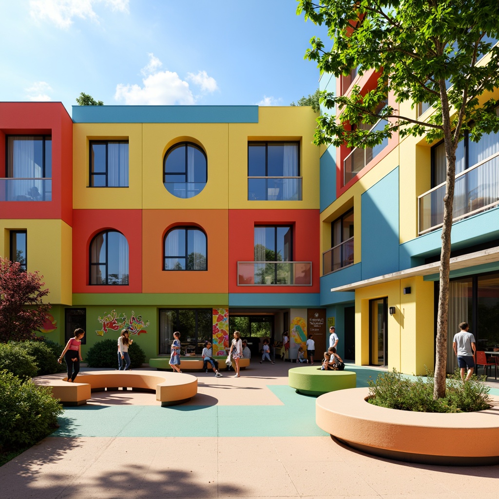 Prompt: Vibrant kindergarten facade, bold color blocks, playful geometric shapes, modernist architecture, large windows, sliding glass doors, natural wood accents, educational signage, whimsical murals, interactive outdoor spaces, climbing walls, sensory play areas, soft rubber flooring, circular benches, shade-providing canopies, warm sunny day, shallow depth of field, 1/1 composition, realistic textures, ambient occlusion.