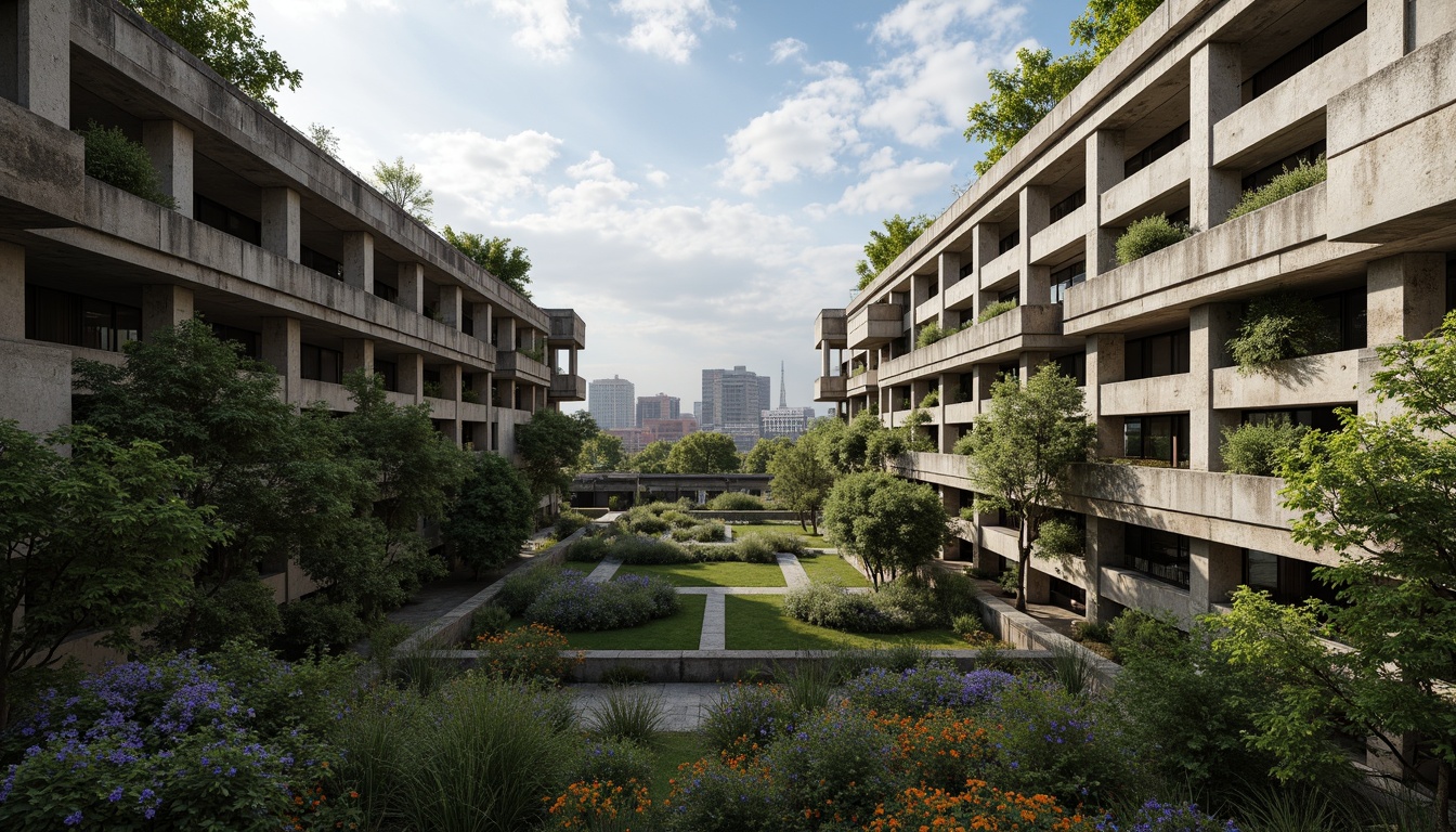 Prompt: Rugged brutalist buildings, raw concrete textures, fortress-like structures, overgrown vegetation, wildflowers, moss-covered walls, weathered steel beams, industrial materials, urban landscape integration, cityscape views, elevated walkways, cantilevered sections, dramatic shadows, harsh natural light, 1/1 composition, symmetrical framing, high-contrast lighting, gritty realistic textures, ambient occlusion.