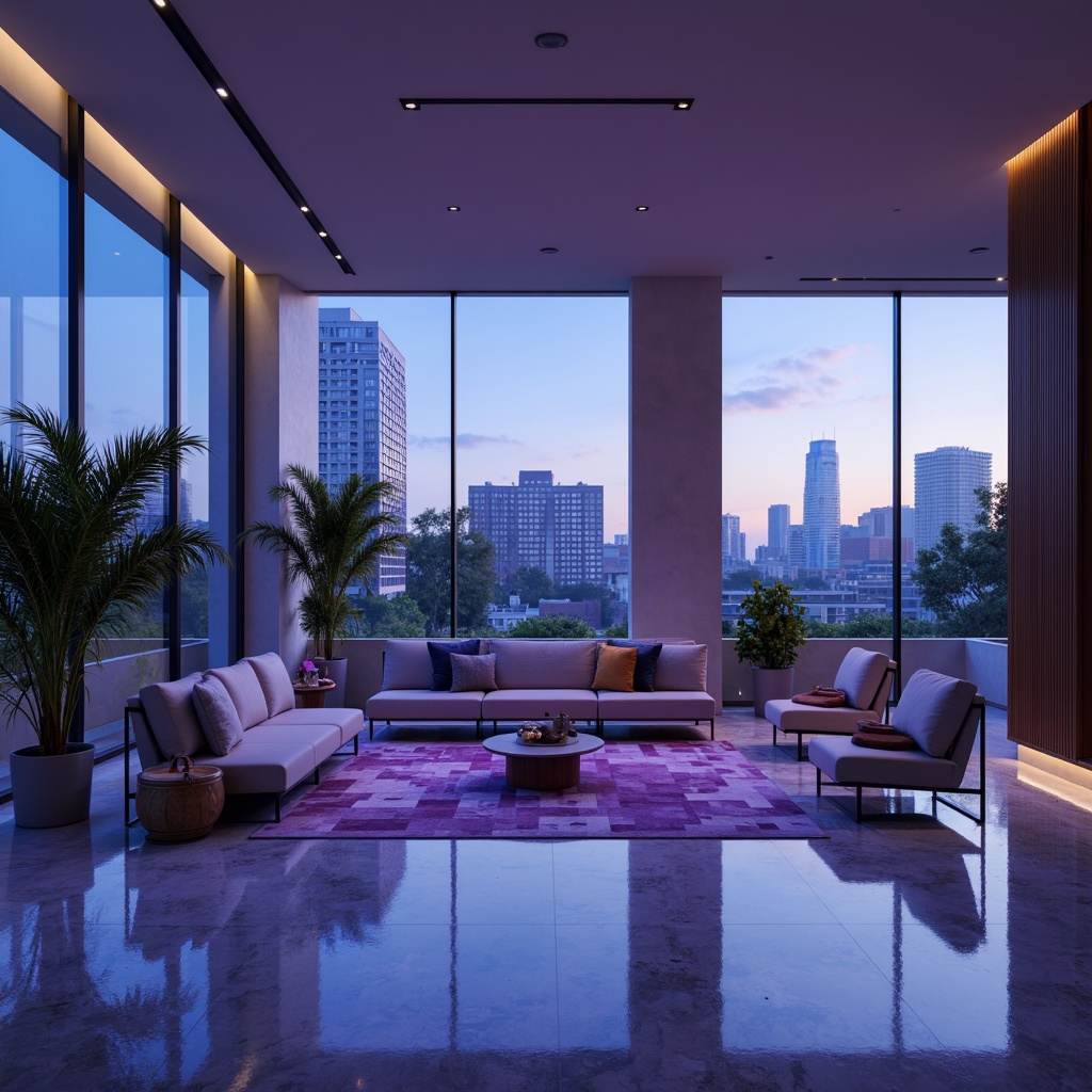 Prompt: Calming atmosphere, soothing blue hues, rich violet accents, modern interior design, spacious open-plan living area, sleek minimalist furniture, polished marble floors, geometric patterned rugs, floor-to-ceiling windows, abundant natural light, soft warm glow, 1/1 composition, shallow depth of field, realistic textures, ambient occlusion.