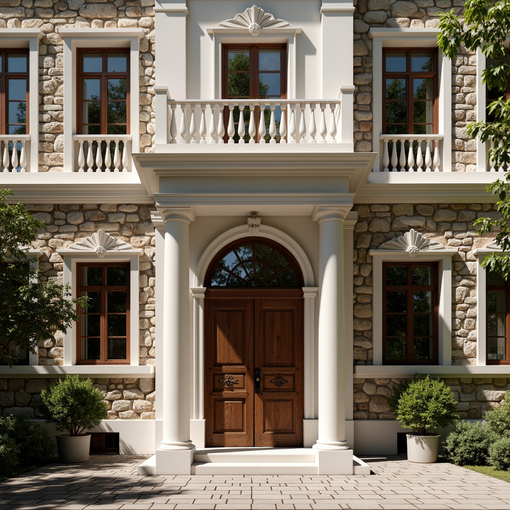 Prompt: Elegant classicism house facade, ornate columns, symmetrical composition, grand entrance, carved wooden doors, decorative pediments, rustic stone walls, arched windows, ornamental balconies, intricate moldings, subtle color palette, soft natural lighting, shallow depth of field, 1/1 composition, realistic textures, ambient occlusion.