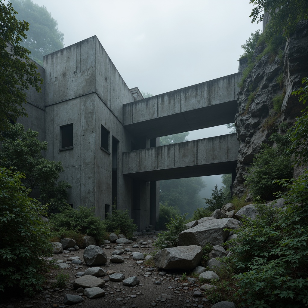 Prompt: Rugged natural landscape, rocky outcrops, dense forestation, brutalist concrete structures, fortress-like architecture, raw unfinished surfaces, industrial materials, exposed ductwork, dramatic lighting effects, misty atmospheric conditions, eerie silence, cinematic wide-angle shots, low-angle compositions, high-contrast textures, ominous color palette, abandoned industrial sites, overgrown vegetation, crumbling walls, rusted metal accents, brutalist sculptures, avant-garde performances, experimental sound design.