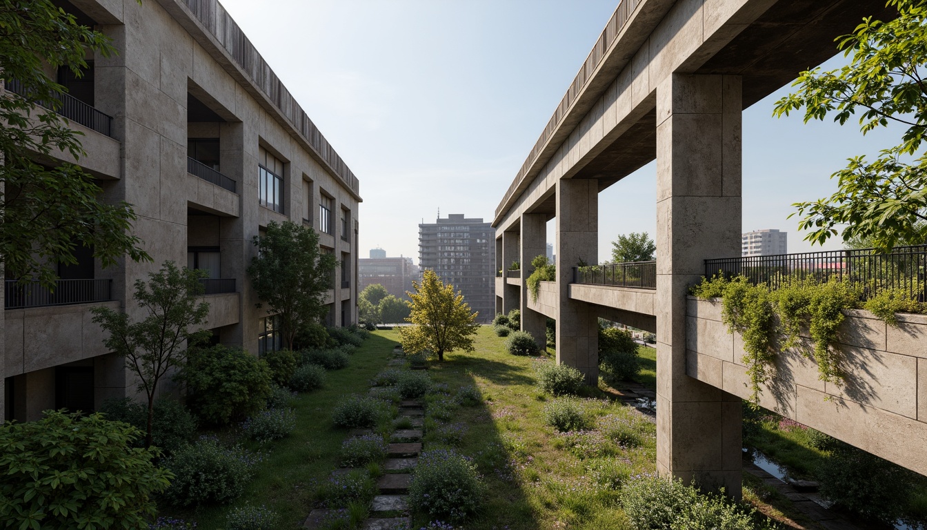 Prompt: Rugged brutalist buildings, raw concrete textures, fortress-like structures, overgrown vegetation, wildflowers, moss-covered walls, weathered steel beams, industrial materials, urban landscape integration, cityscape views, elevated walkways, cantilevered sections, dramatic shadows, harsh natural light, 1/1 composition, symmetrical framing, high-contrast lighting, gritty realistic textures, ambient occlusion.