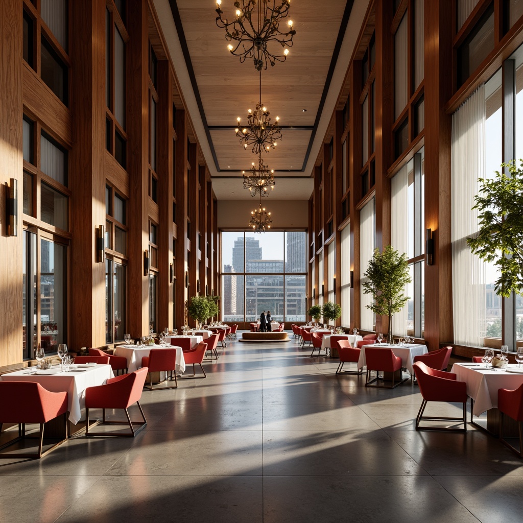 Prompt: Luxurious dining hall, rich wood tones, creamy whites, deep charcoal grays, bold red accents, metallic silvers, sleek glass surfaces, minimalist decor, modern international style, high ceilings, grand chandeliers, sophisticated ambiance, warm soft lighting, shallow depth of field, 1/1 composition, realistic textures, ambient occlusion.