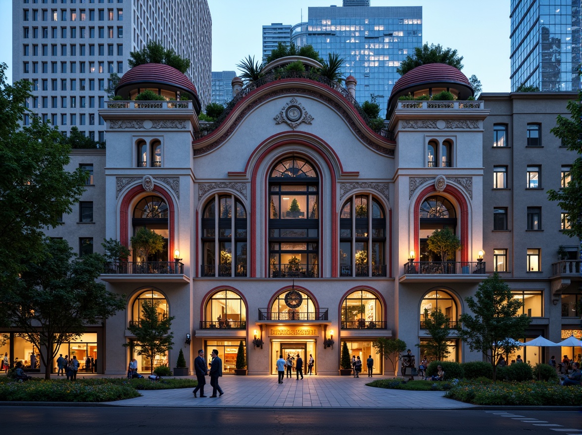 Prompt: Vibrant cityscape, eclectic concert house, ornate facades, grand entrance, intricate stonework, metallic accents, stained glass windows, ornamental balconies, lush green roofs, urban park surroundings, bustling streets, modern skyscrapers, neon lights, warm evening ambiance, shallow depth of field, 1/2 composition, realistic textures, ambient occlusion.