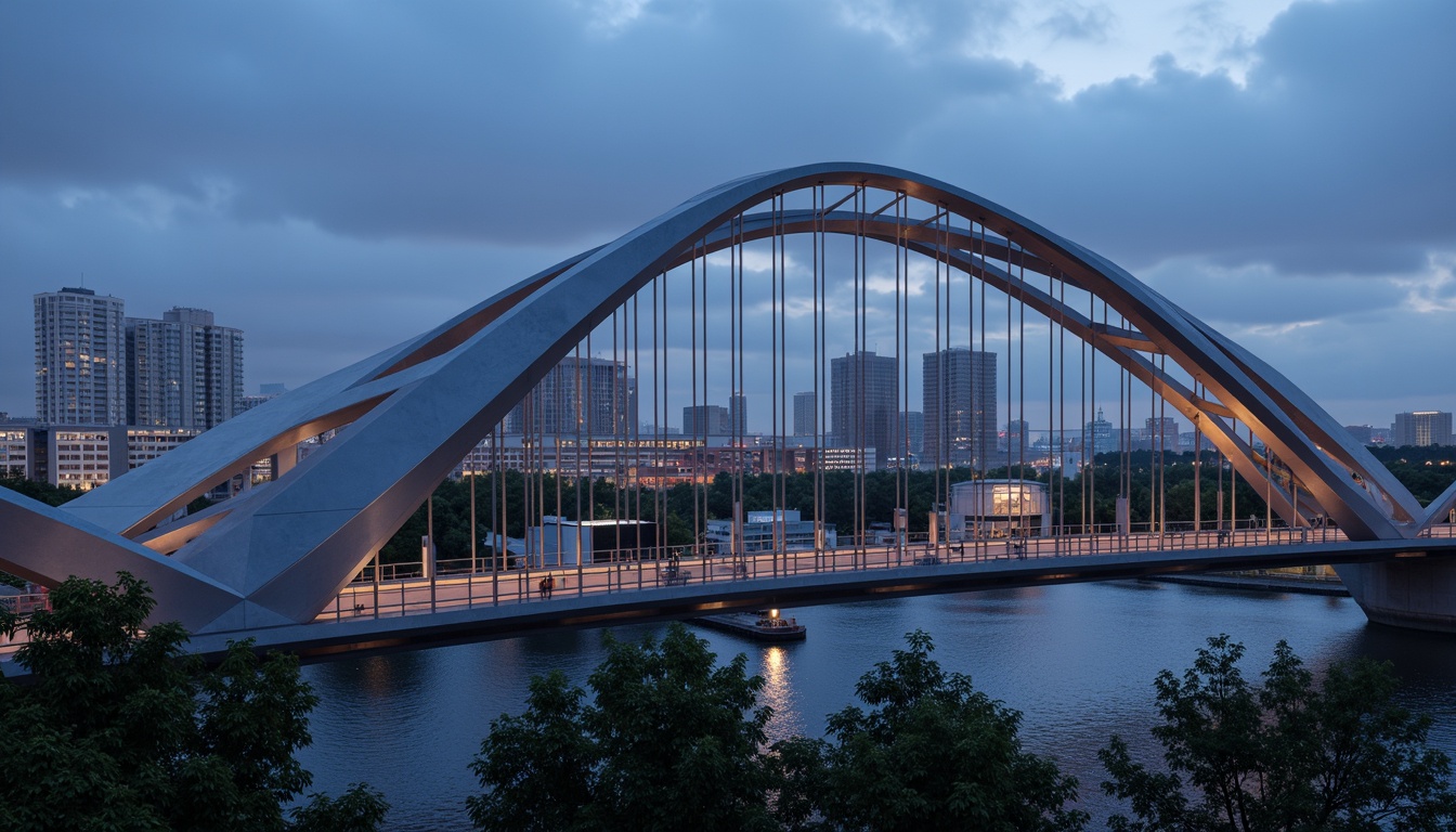 Prompt: Futuristic bridge design, metallic structures, iridescent materials, reflective surfaces, neon-lit accents, glowing lines, sleek curves, minimalist railings, modern urban landscape, cityscape at dusk, vibrant nightlife, misty atmosphere, shallow depth of field, 3/4 composition, panoramic view, realistic textures, ambient occlusion.