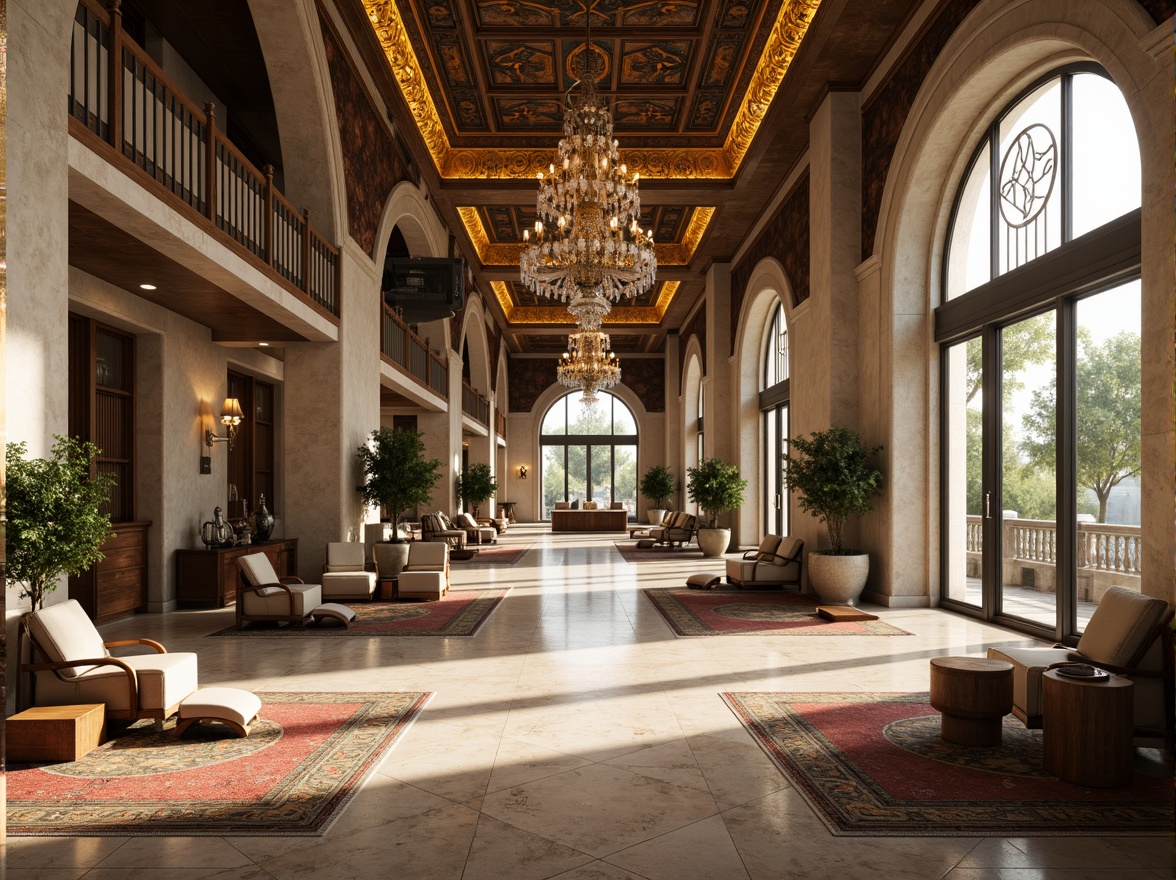 Prompt: Grand Byzantine hotel lobby, ornate chandeliers, marble floors, intricately patterned rugs, lavish furnishings, golden accents, high ceilings, large windows, natural light pouring in, warm ambiance, soft shadows, subtle color palette, elegant archways, refined columns, luxurious textiles, plush seating areas, tranquil atmosphere, morning sunlight, gentle glow, 1/1 composition, shallow depth of field, realistic textures, ambient occlusion.