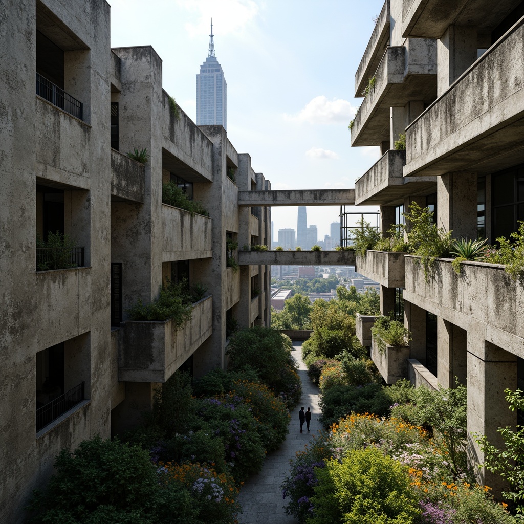 Prompt: Rugged brutalist buildings, raw concrete textures, fortress-like structures, overgrown vegetation, wildflowers, moss-covered walls, weathered steel beams, industrial materials, urban landscape integration, cityscape views, elevated walkways, cantilevered sections, dramatic shadows, harsh natural light, 1/1 composition, symmetrical framing, high-contrast colors, gritty realistic textures, ambient occlusion.