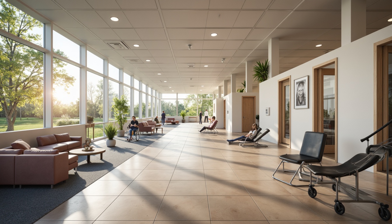 Prompt: Accessible rehabilitation center, open floor plan, natural light-filled interior, calming color scheme, comfortable seating areas, adaptive exercise equipment, physical therapy rooms, occupational therapy spaces, speech therapy booths, medical consultation offices, wheelchair-accessible ramps, non-slip flooring, acoustic panels, minimalist decor, warm ambient lighting, shallow depth of field, 1/1 composition, realistic textures, ambient occlusion.