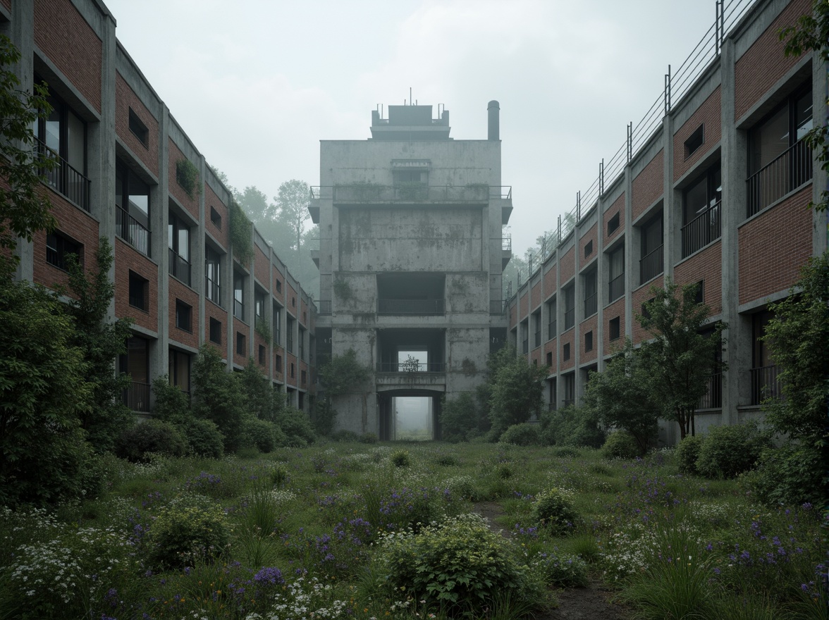 Prompt: Rugged brutalist architecture, raw concrete textures, fortress-like structures, overgrown vegetation, wildflowers, moss-covered walls, industrial landscapes, abandoned factories, crumbling brick facades, distressed metal accents, urban decay, post-apocalyptic atmosphere, dramatic lighting, low-angle shots, cinematic composition, gritty realistic renderings, atmospheric fog effects, misty mornings, eerie silence.