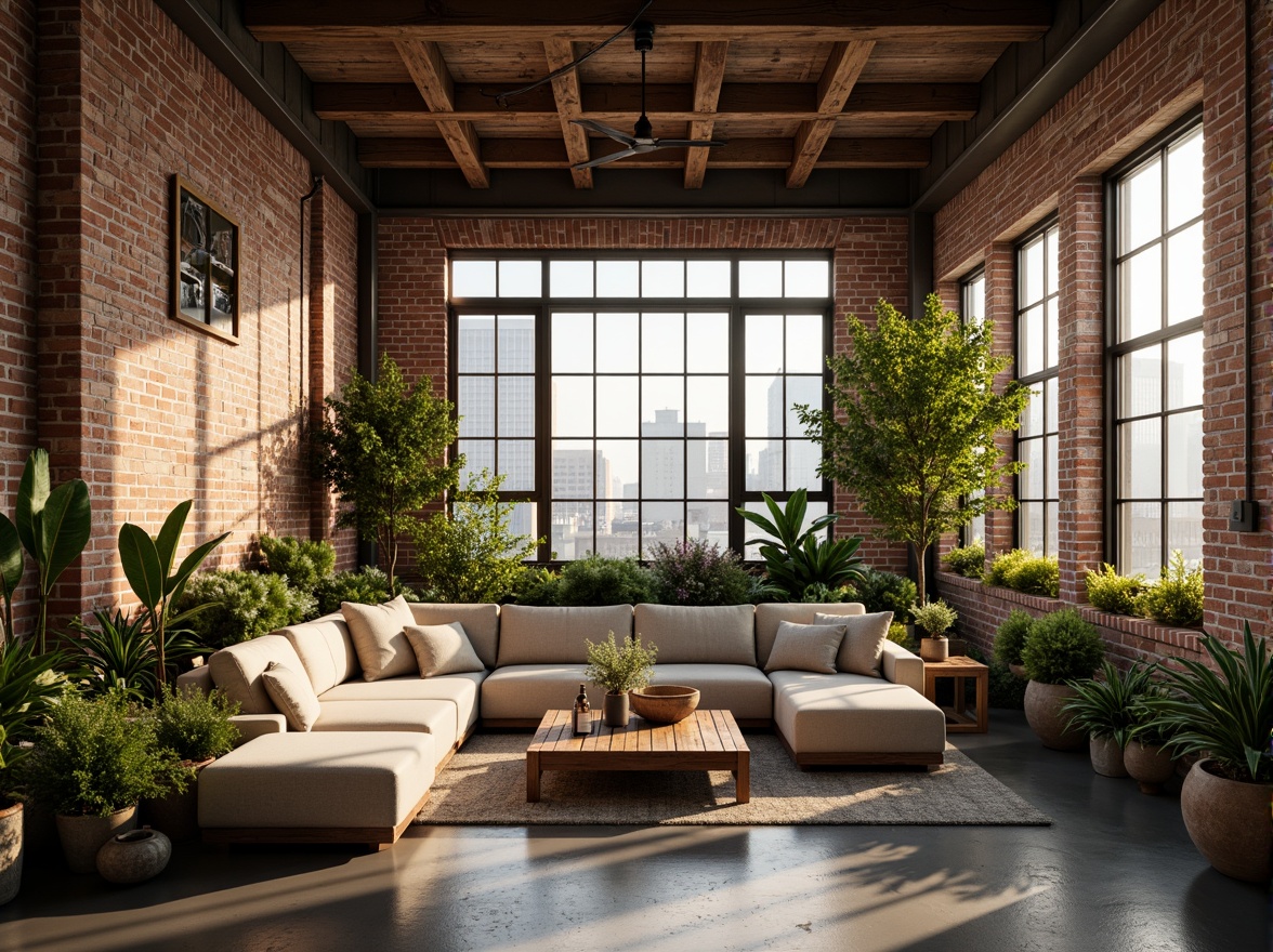 Prompt: Exposed brick walls, reclaimed wood accents, industrial metal beams, vintage decorative items, lush greenery, potted plants, natural textiles, earthy color palette, soft warm lighting, cozy atmosphere, eco-friendly materials, solar panels, rainwater harvesting systems, living roofs, green walls, minimalist decor, open-plan layout, high ceilings, large windows, cityscape views, urban landscape, morning sunlight, shallow depth of field, 3/4 composition, realistic textures, ambient occlusion.