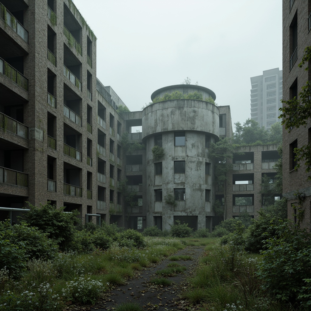 Prompt: Rugged brutalist architecture, raw concrete textures, fortress-like structures, overgrown vegetation, wildflowers, moss-covered walls, industrial landscapes, abandoned factories, crumbling brick facades, distressed metal accents, urban decay, post-apocalyptic atmosphere, dramatic lighting, low-angle shots, cinematic composition, gritty realistic renderings, atmospheric fog effects, misty mornings, eerie silence.