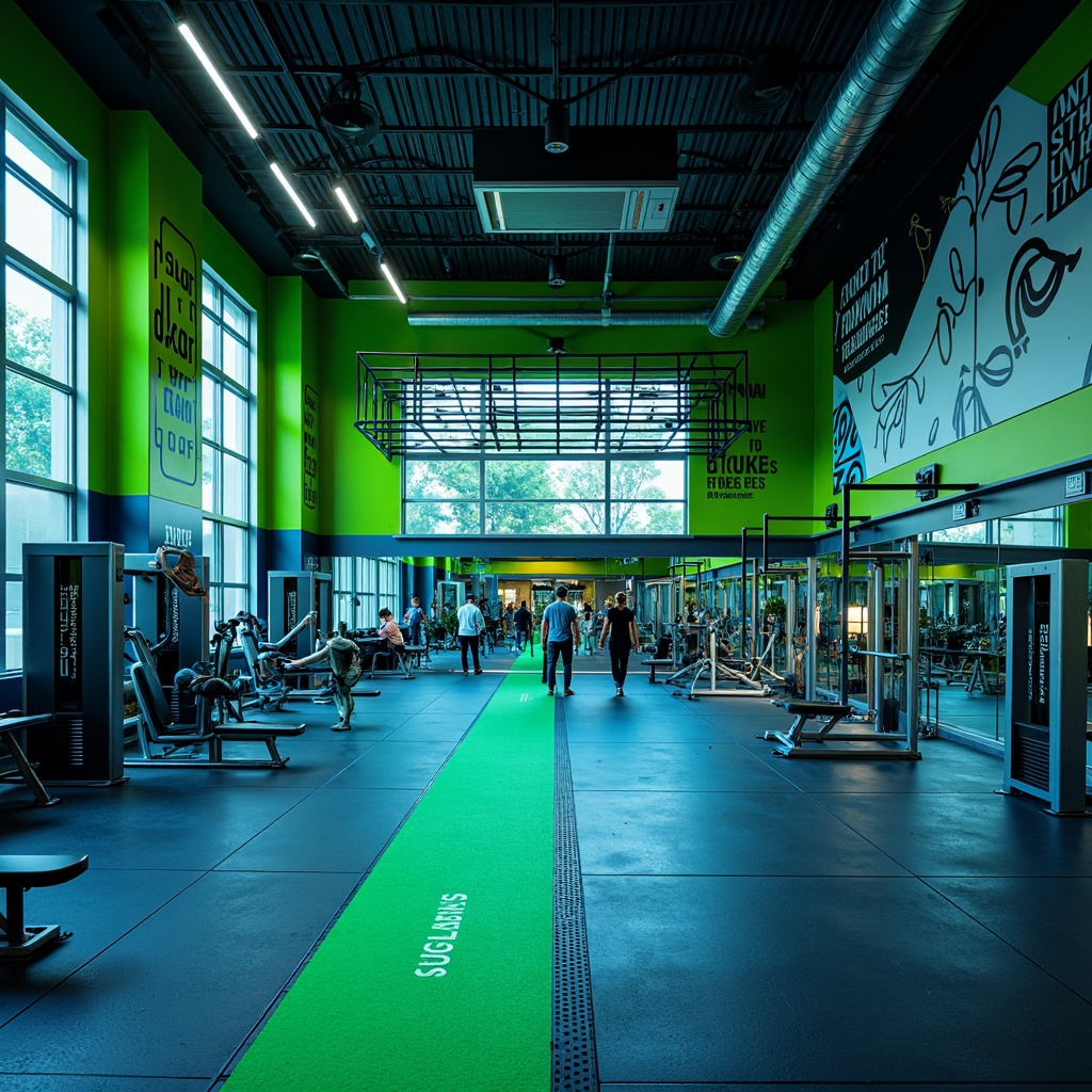 Prompt: Vibrant gym interior, bold color scheme, energetic atmosphere, neon green accents, deep blue tones, metallic silver equipment, industrial concrete floors, exposed ductwork ceilings, modern LED lighting, dynamic shadows, high-contrast textures, abstract geometric patterns, motivational quotes, futuristic architecture, sleek lines, minimalist design, state-of-the-art fitness machines, free weights area, mirrored walls, rubber flooring, athletic tracks, panoramic windows, natural daylight, soft warm glow, shallow depth of field, 3/4 composition.