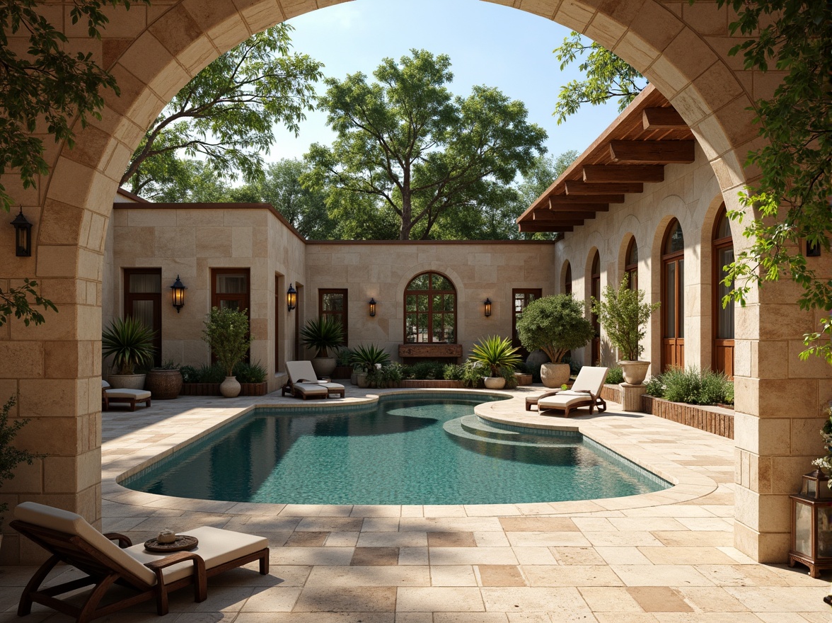 Prompt: Ancient Roman-inspired swimming pool, rustic stone walls, weathered bronze fixtures, ornate ceramic tiles, natural travertine flooring, warm beige stucco, distressed wood accents, vintage metal lanterns, lush greenery surroundings, sunny afternoon, soft warm lighting, shallow depth of field, 3/4 composition, panoramic view, realistic textures, ambient occlusion.