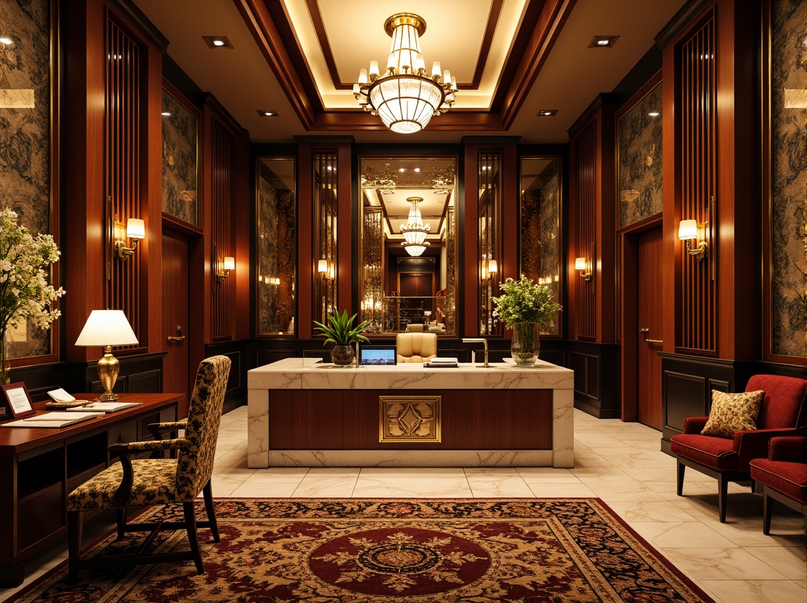 Prompt: Luxurious office interior, Art Deco style, metallic accents, geometric patterns, bold color schemes, high-gloss finishes, polished chrome fixtures, rich wood tones, marble countertops, ornate mirrors, statement lighting fixtures, luxurious textiles, velvet upholstery, geometric-shaped furniture, metallic leafing, opulent chandeliers, dramatic drapery, lavish rugs, sophisticated ambiance, warm golden lighting, shallow depth of field, 1/1 composition, realistic textures, ambient occlusion.