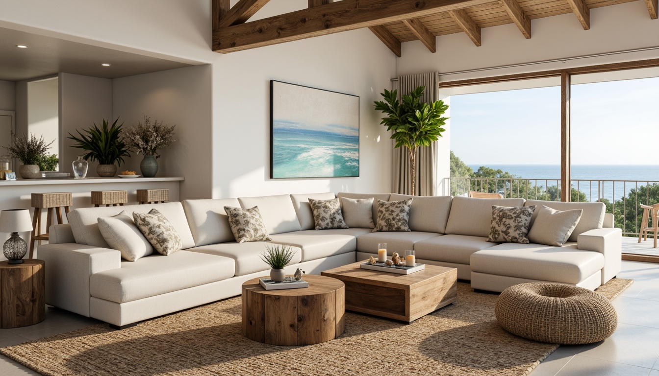 Prompt: Coastal living room, ocean-inspired color palette, driftwood accents, natural textiles, woven sea grass rugs, shell-adorned decorative pieces, floor-to-ceiling windows, sliding glass doors, beachy vibe, soft warm lighting, 1/1 composition, shallow depth of field, realistic wood textures, ambient occlusion, modern minimalist furniture, plush sectional sofas, reclaimed wood coffee tables, nautical-themed artwork, coral-patterned throw pillows, sea salt-scented candles, calming atmosphere.