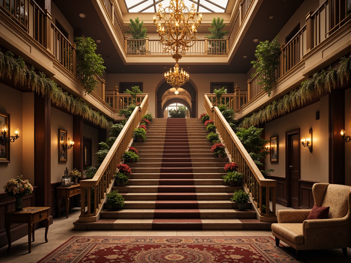 Prompt: Ornate balustrades, grandiose staircases, intricately carved stone railings, gilded metal banisters, ornamental scrollwork, lavish decorations, opulent furnishings, richly patterned rugs, majestic chandeliers, dramatic lighting effects, warm golden tones, highly detailed textures, shallow depth of field, 1/1 composition, realistic rendering.