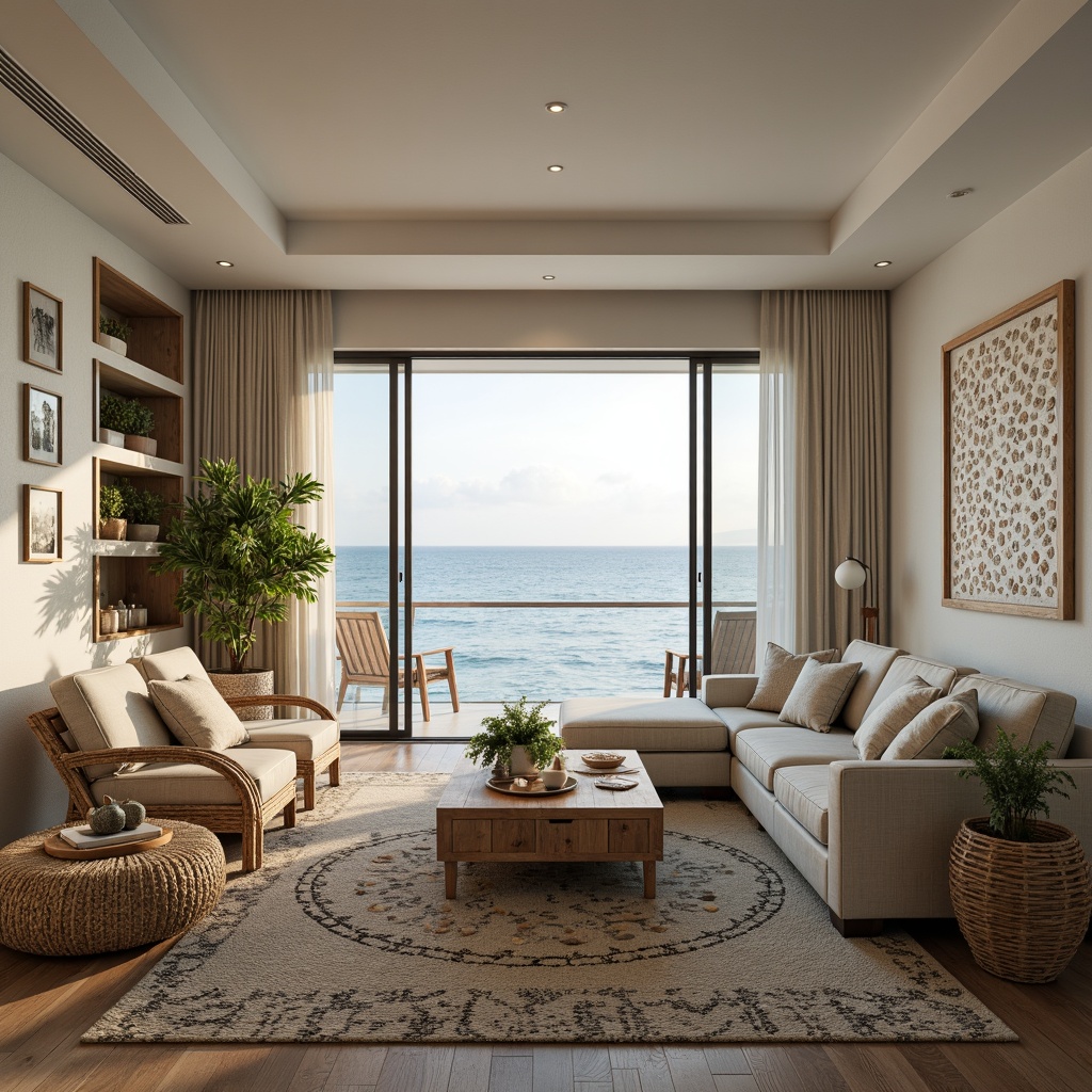 Prompt: Coastal living room, ocean-inspired color palette, driftwood accents, natural textiles, woven sea grass furniture, coral-patterned rugs, shell-adorned decorative walls, floor-to-ceiling windows, sliding glass doors, panoramic ocean views, soft warm lighting, beachy ambiance, minimalist decor, nautical-themed accessories, distressed wood flooring, plush sectional sofas, built-in shelving units, tropical plants, calming atmosphere, 1/1 composition, realistic reflections, ambient occlusion.