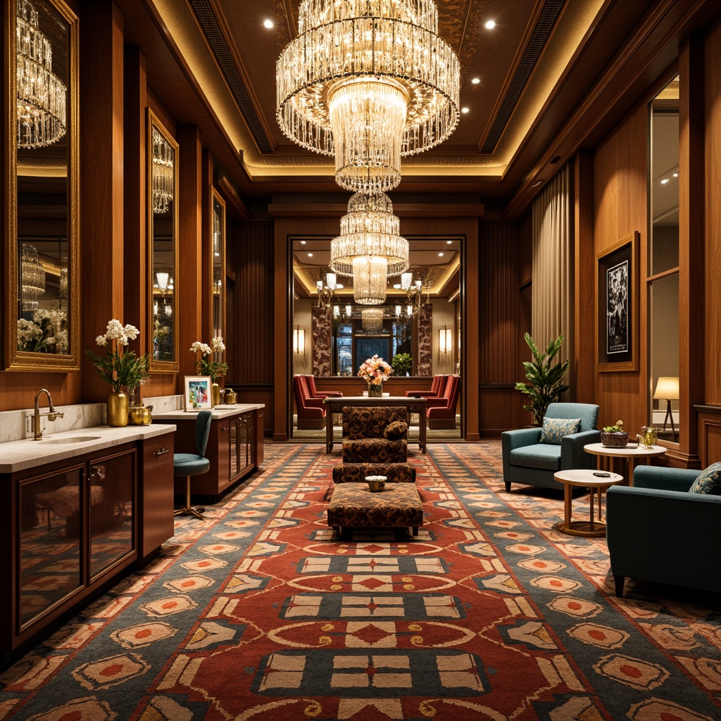 Prompt: Luxurious office interior, Art Deco style, metallic accents, geometric patterns, bold color schemes, high-gloss finishes, polished chrome fixtures, rich wood tones, marble countertops, ornate mirrors, statement lighting fixtures, luxurious textiles, velvet upholstery, geometric-shaped furniture, metallic leafing, opulent chandeliers, dramatic drapery, lavish rugs, sophisticated ambiance, warm golden lighting, shallow depth of field, 1/1 composition, realistic textures, ambient occlusion.