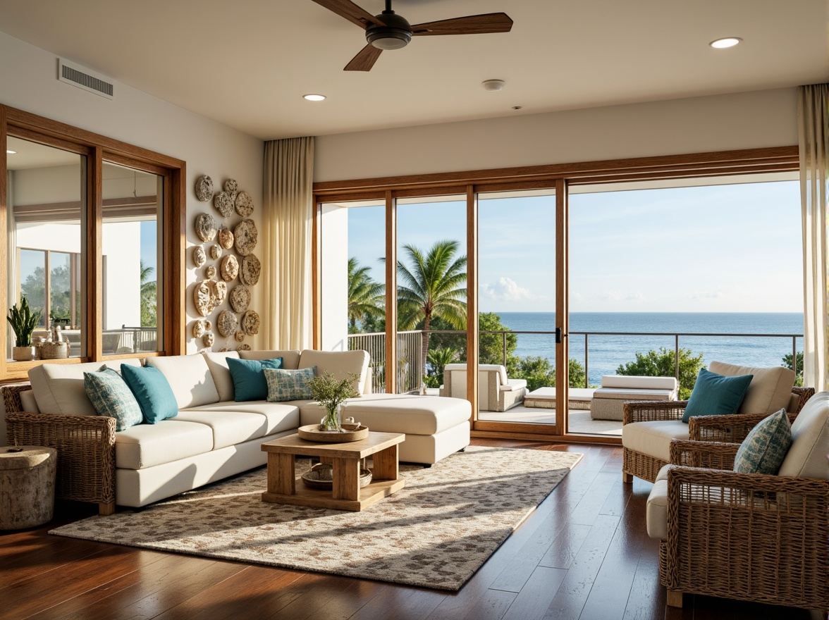 Prompt: Coastal living room, ocean-inspired color palette, driftwood accents, natural textiles, woven sea grass furniture, coral-patterned rugs, shell-adorned decorative walls, floor-to-ceiling windows, sliding glass doors, panoramic ocean views, soft warm lighting, beachy ambiance, minimalist decor, nautical-themed accessories, distressed wood flooring, plush sectional sofas, built-in shelving units, tropical plants, calming atmosphere, 1/1 composition, realistic reflections, ambient occlusion.