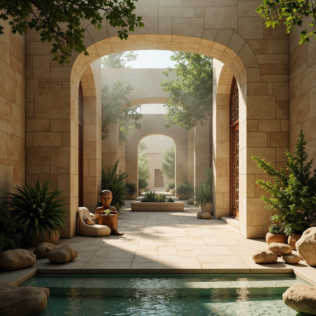 Prompt: \Ethereal temple, soft golden lighting, calming turquoise accents, natural stone walls, intricately carved wooden doors, serene water features, lush greenery, peaceful Buddha statues, minimalist decor, subtle aromas, warm beige tones, gentle archways, soft misty atmosphere, shallow depth of field, 1/1 composition, realistic textures, ambient occlusion.\