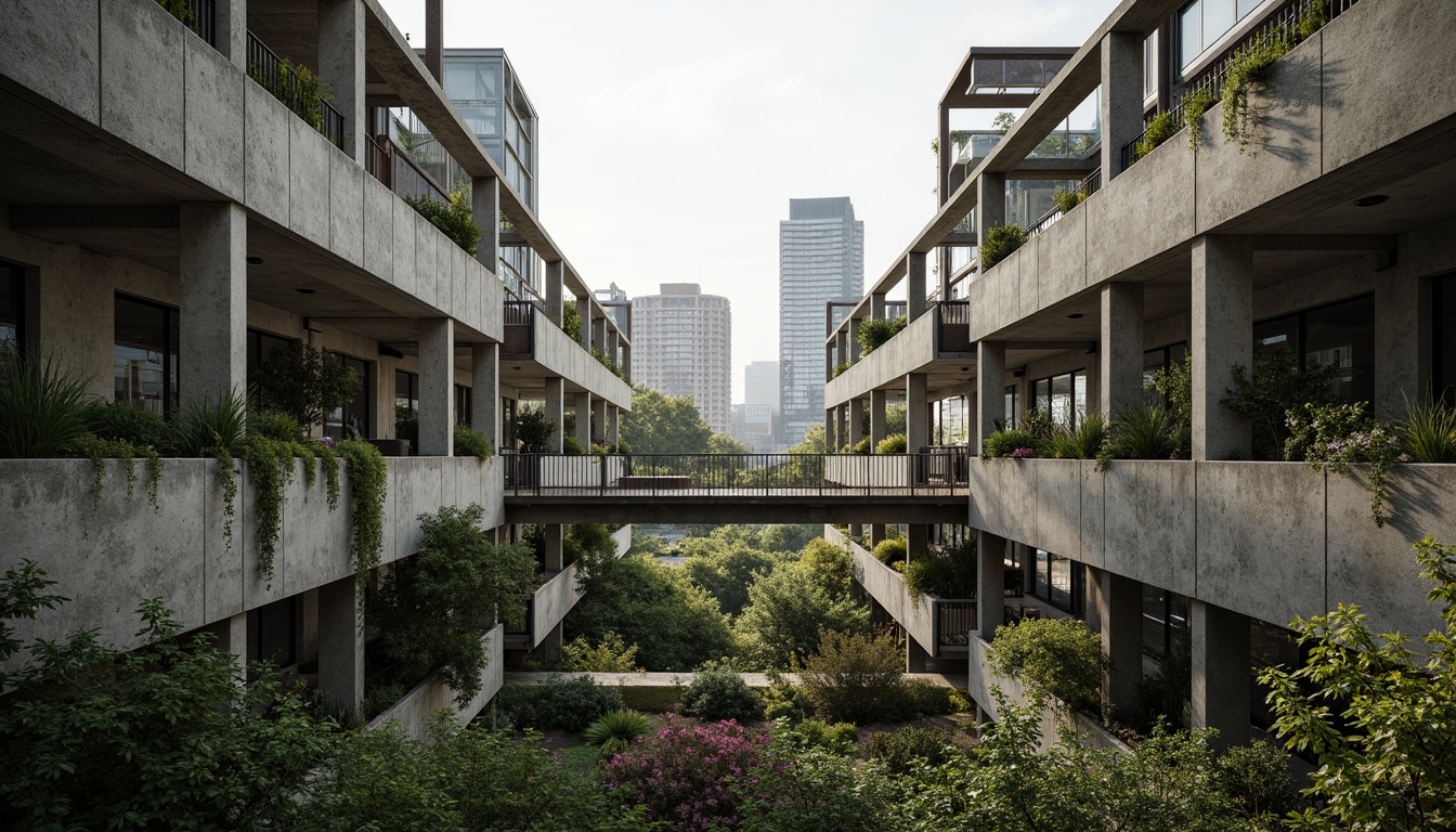 Prompt: Rugged brutalist buildings, raw concrete textures, fortress-like structures, overgrown vegetation, wildflowers, moss-covered walls, weathered steel beams, industrial materials, urban landscape integration, cityscape views, elevated walkways, cantilevered sections, dramatic shadows, harsh natural light, 1/1 composition, symmetrical framing, high-contrast lighting, gritty realistic textures, ambient occlusion.