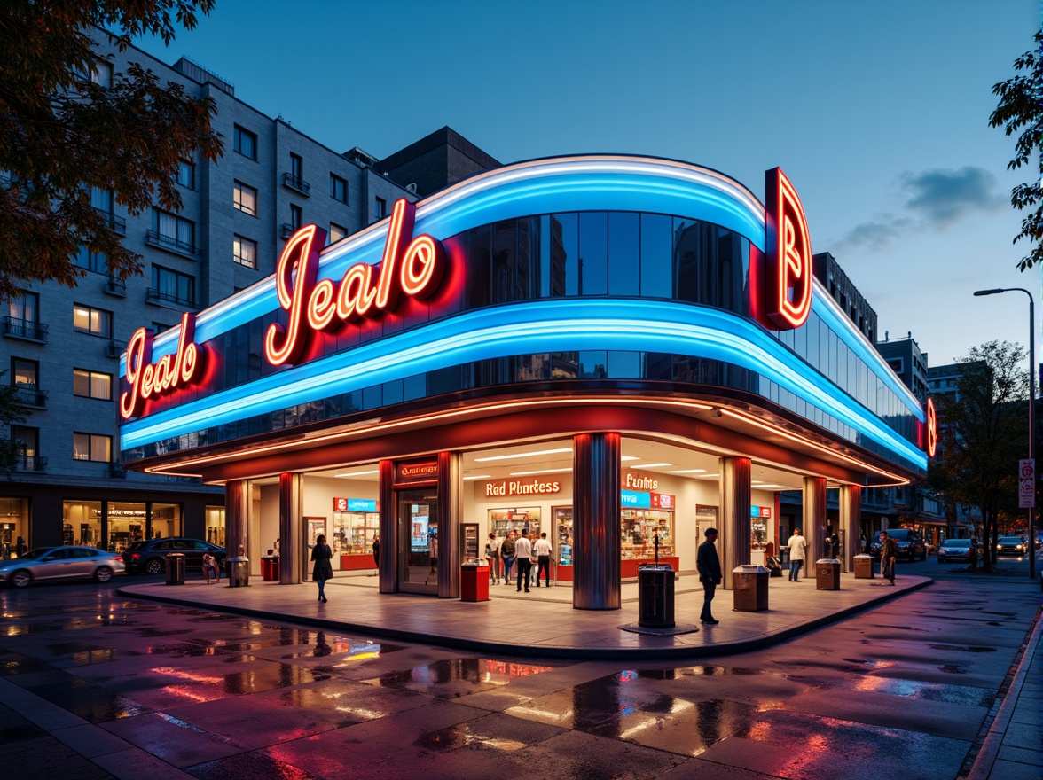 Prompt: Vibrant gas station, neon signage, bold typography, metallic accents, glossy finishes, retro-futuristic architecture, curved lines, dynamic shapes, electric blue hues, bright yellow highlights, deep red tones, sleek chrome details, modern LED lighting, urban cityscape, busy streets, morning sunlight, shallow depth of field, 1/1 composition, realistic reflections, ambient occlusion.