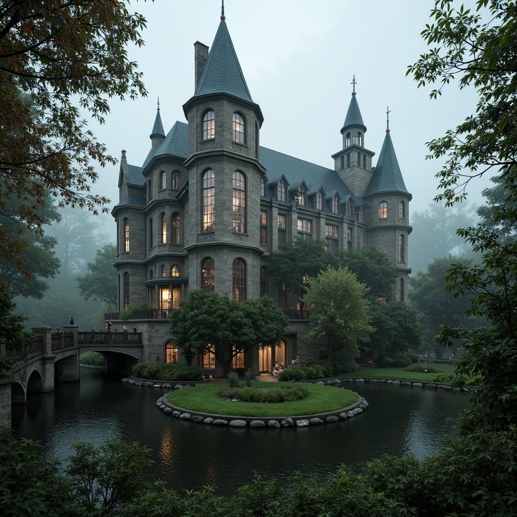 Prompt: Mysterious medieval castle, rugged stone walls, grandiose spires, stained glass windows, ornate gargoyles, lush greenery, overgrown vines, moss-covered stones, misty atmosphere, soft warm lighting, dramatic shadows, 3/4 composition, symmetrical framing, eerie ambiance, mystical fog, ancient trees, twisted branches, weathered wooden bridges, serene water features, reflective pools, Gothic arches, ribbed vaults, flying buttresses, intricate stone carvings.