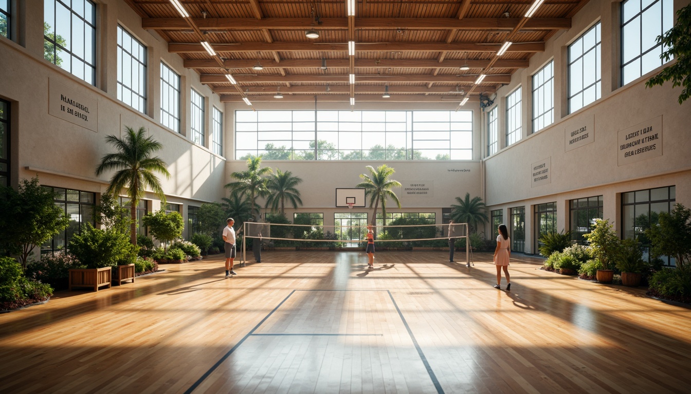 Prompt: Spacious gymnasium interior, high ceilings, natural light pouring in, polished wooden floors, basketball courts, volleyball nets, athletic tracks, exercise equipment, mirrored walls, motivational quotes, modern architectural design, sleek lines, minimalist decor, abundant greenery, tropical plants, warm color scheme, soft diffused lighting, shallow depth of field, 1/1 composition, realistic textures, ambient occlusion.