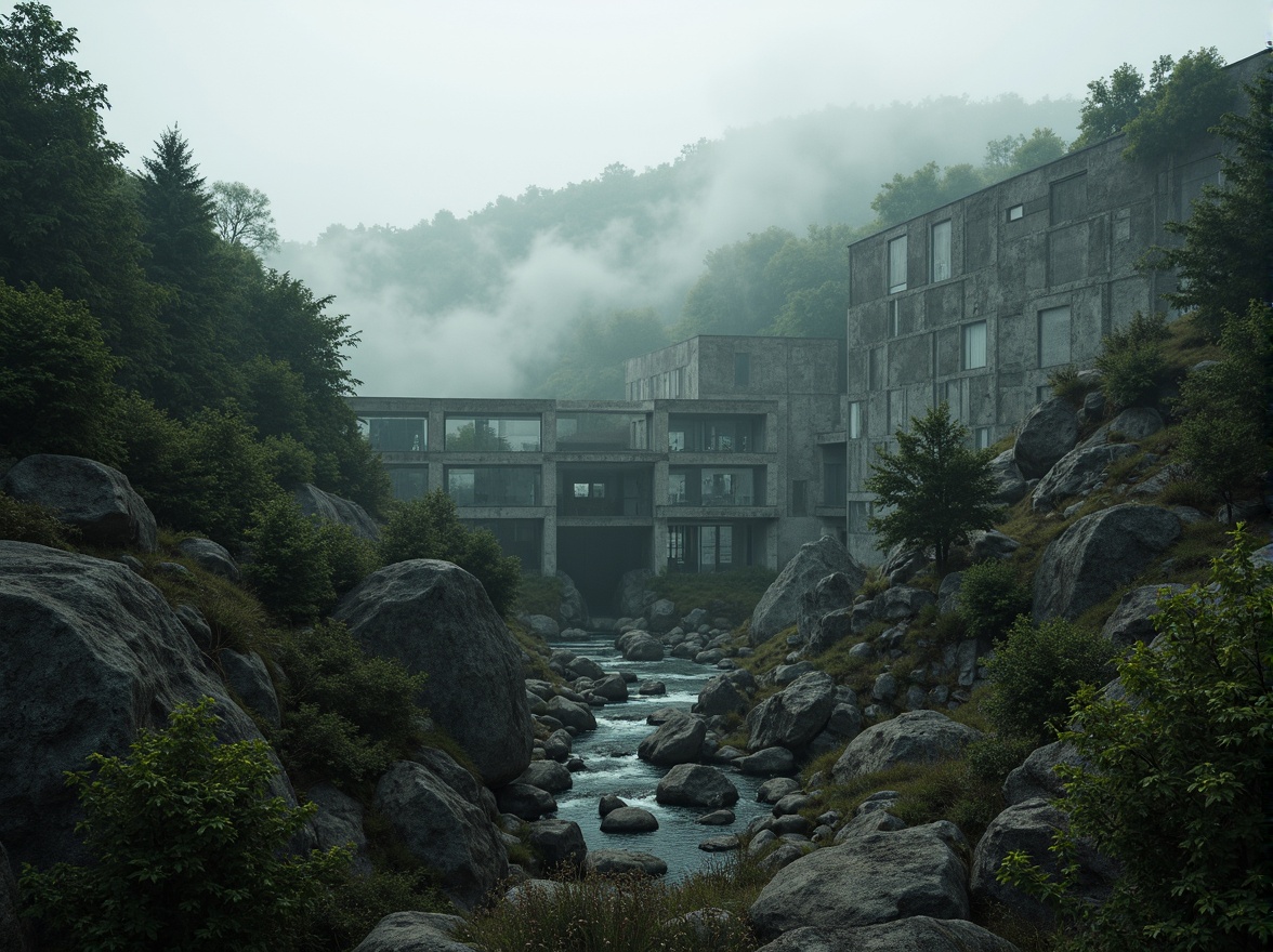 Prompt: Rugged natural landscape, rocky outcrops, dense forestation, brutalist concrete structures, fortress-like architecture, raw unfinished surfaces, industrial materials, exposed ductwork, dramatic lighting effects, misty atmospheric conditions, eerie silence, cinematic wide-angle shots, low-angle compositions, high-contrast textures, ominous color palette, abandoned industrial sites, overgrown vegetation, crumbling walls, rusted metal accents, brutalist sculptures, avant-garde performances, experimental sound design.