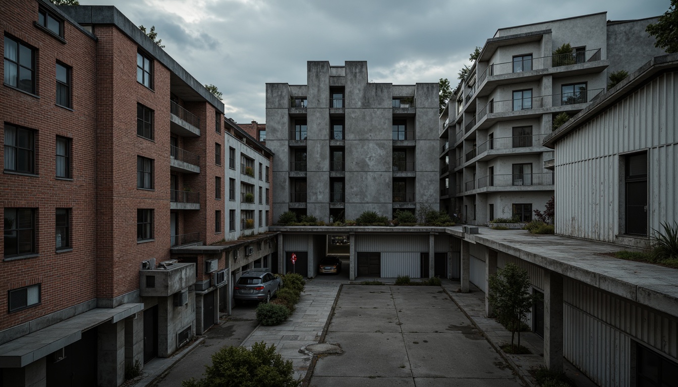 Prompt: Rough concrete walls, exposed ductwork, industrial metal beams, raw brick facades, weathered stone surfaces, distressed wood accents, brutalist monumentality, fortress-like structures, urban cityscape, overcast skies, dramatic shadows, high-contrast lighting, cinematic composition, gritty realistic textures, ambient occlusion.