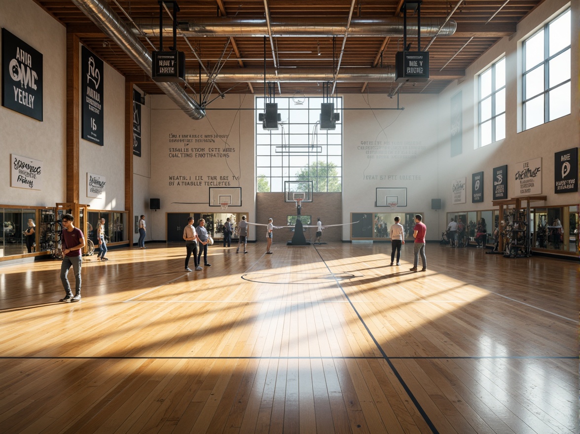 Prompt: Spacious gymnasium interior, high ceilings, natural light pouring in, polished wooden floors, athletic equipment, basketball hoops, volleyball nets, exercise machines, free weights, mirrored walls, motivational quotes, modern architecture, minimalist design, sleek lines, abundant ventilation, soft warm lighting, shallow depth of field, 3/4 composition, panoramic view, realistic textures, ambient occlusion.