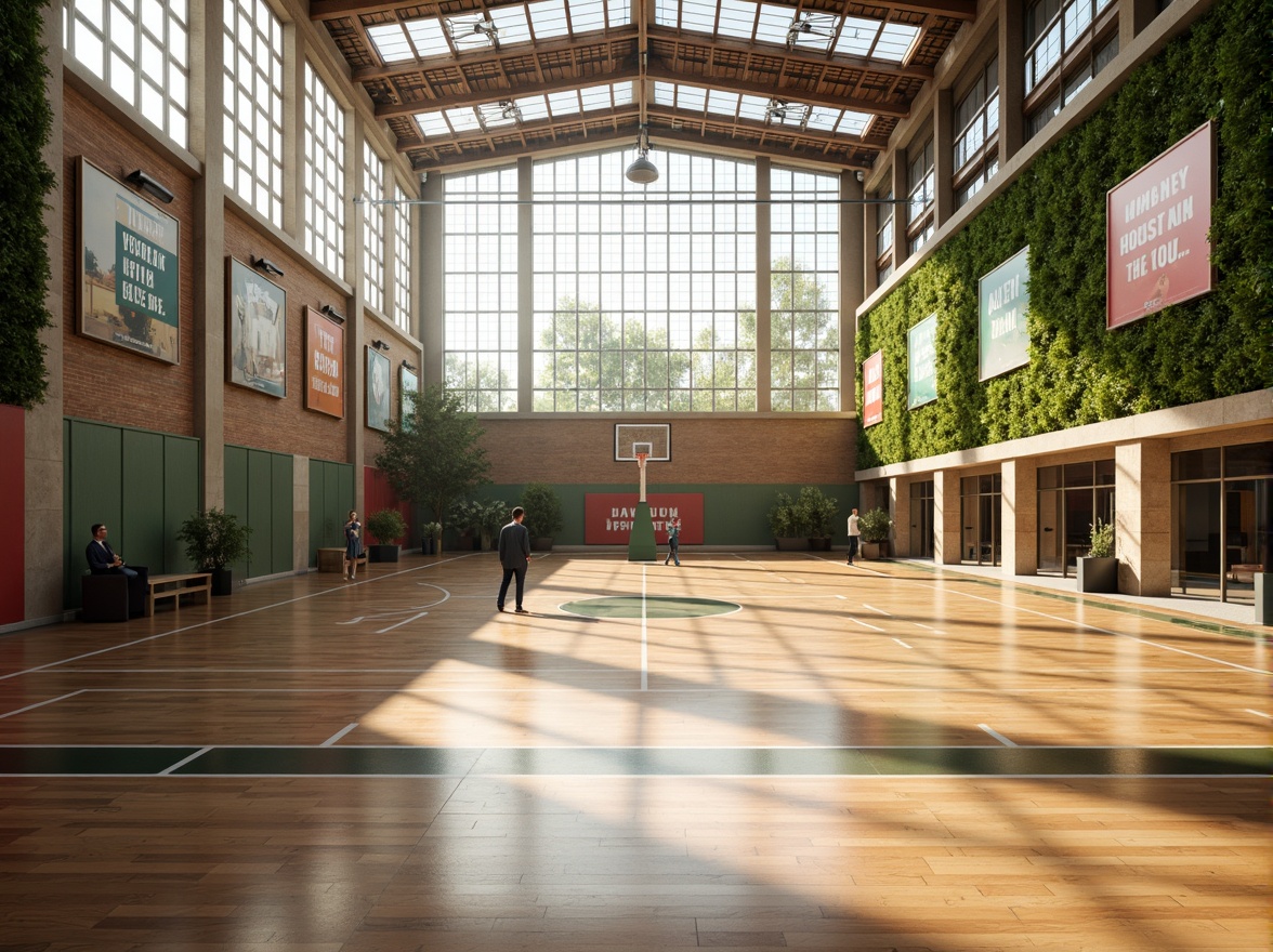 Prompt: Spacious gymnasium interior, high ceilings, natural light pouring in, polished wooden floors, basketball courts, sports equipment, athletic tracks, motivational quotes, modern architectural design, sleek lines, minimalist decor, vibrant color accents, abundant greenery, living walls, airy atmosphere, soft warm lighting, shallow depth of field, 3/4 composition, panoramic view, realistic textures, ambient occlusion.