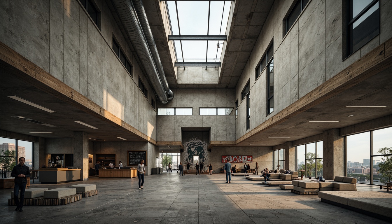 Prompt: Rugged community center, brutalist architecture, raw concrete walls, exposed ductwork, industrial metal beams, natural light pouring in, large skylights, clerestory windows, urban landscape views, gritty cityscape, overcast sky, soft diffused lighting, high contrast shadows, dramatic architectural forms, bold geometric shapes, functional minimalism, communal gathering spaces, reclaimed wood accents, weathered steel features, abstract graffiti art, moody atmospheric tones, cinematic composition, realistic textures, ambient occlusion.