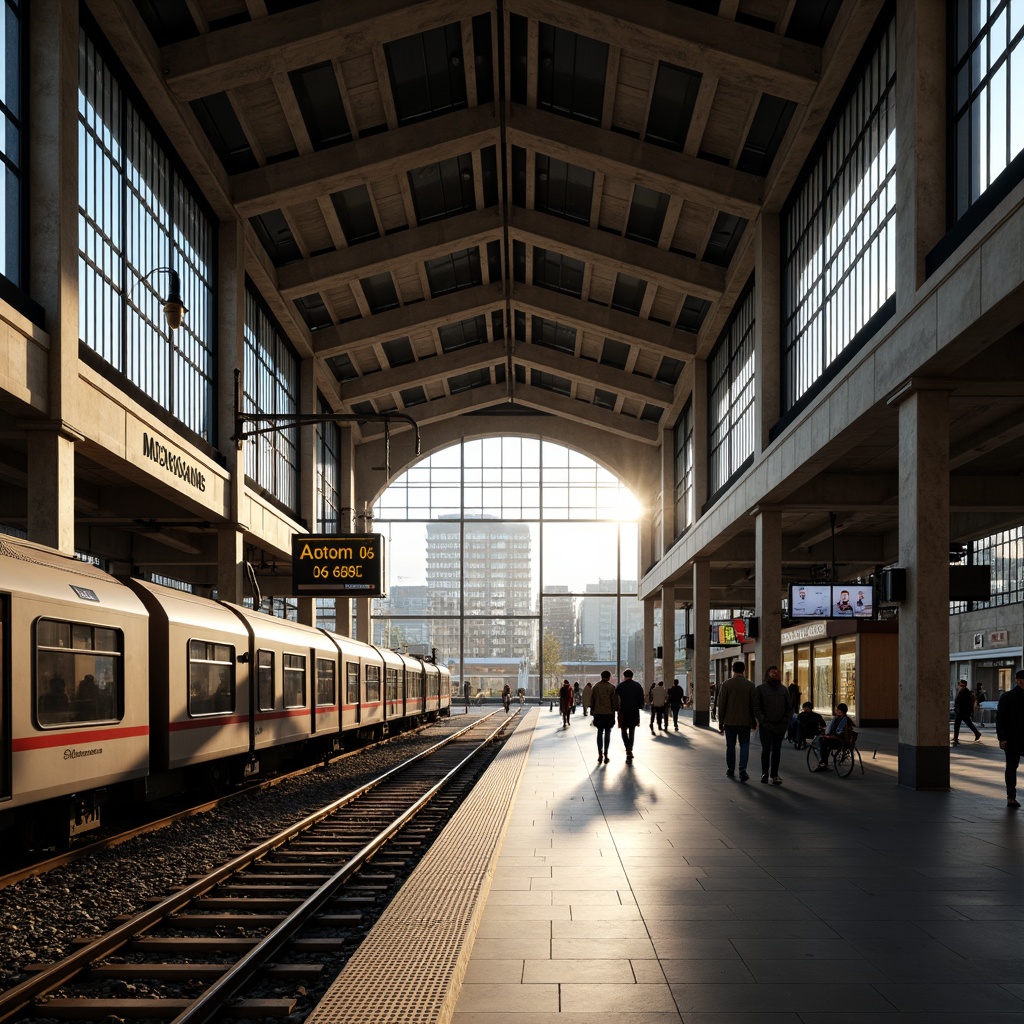 Prompt: Modern train station, high ceilings, industrial architecture, steel beams, concrete floors, large windows, natural light, LED lighting systems, warm color temperatures, soft ambient glow, platform signage, passenger information displays, dynamic digital screens, urban cityscape, busy commuter atmosphere, morning rush hour, afternoon sunlight, shallow depth of field, 1/1 composition, realistic textures, subtle shadows.