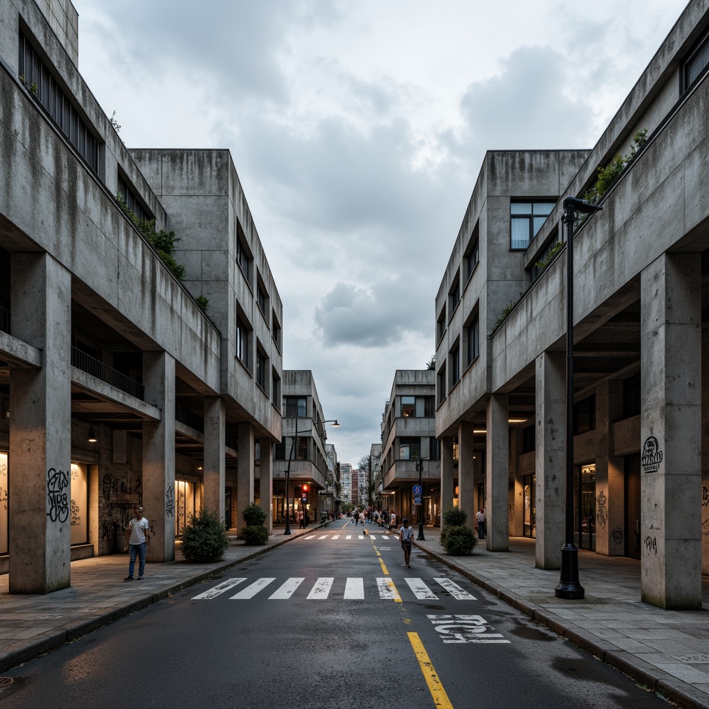 Prompt: Rugged community center, brutalist architecture, raw concrete walls, fortress-like structure, angular lines, geometric shapes, industrial materials, metal beams, exposed ductwork, urban landscape, city streets, graffiti art, street lamps, cloudy sky, dramatic lighting, high contrast, 1/1 composition, symmetrical framing, gritty textures, ambient occlusion.