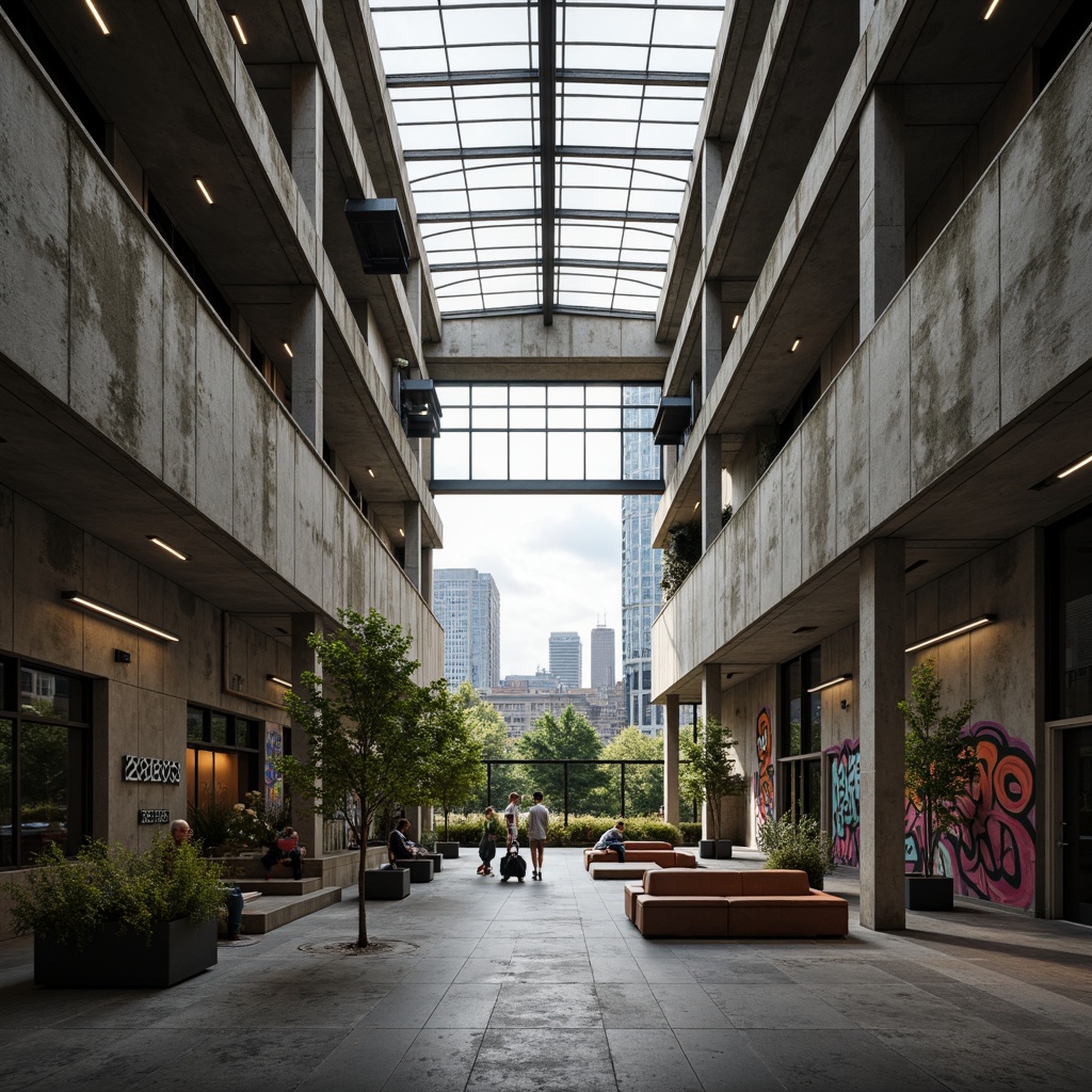 Prompt: Rugged community center, brutalist architecture, raw concrete walls, exposed ductwork, industrial metal beams, natural light pouring in, large skylights, clerestory windows, urban landscape views, gritty cityscape, overcast sky, soft diffused lighting, high contrast shadows, dramatic architectural forms, bold geometric shapes, functional minimalism, communal gathering spaces, reclaimed wood accents, weathered steel features, abstract graffiti art, moody atmospheric tones, cinematic composition, realistic textures, ambient occlusion.