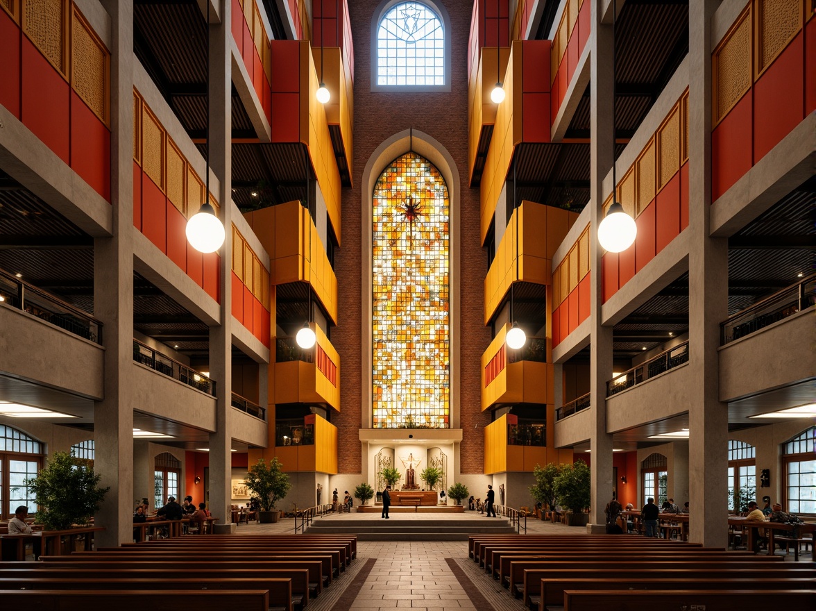 Prompt: Vibrant constructivist church, geometric shapes, bold lines, abstract forms, dynamic volumes, rich textures, industrial materials, exposed brick, metal beams, stained glass windows, intricate mosaics, warm golden lighting, dramatic shadows, atmospheric ambiance, 1/1 composition, symmetrical framing, high contrast colors, bold typography, sacred symbols, ornate details, luxurious fabrics, spiritual atmosphere, peaceful ambiance.