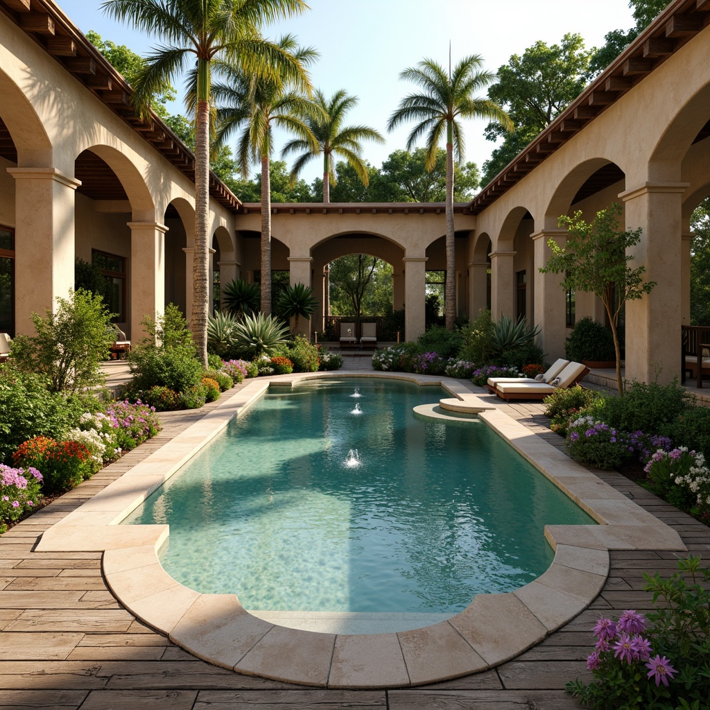 Prompt: Ancient Roman-inspired pool, natural stone coping, ornate fountains, lush greenery, vibrant flowers, Mediterranean plants, rustic wooden decking, warm beige stonework, curved archways, grand columns, soft warm lighting, shallow depth of field, 3/4 composition, panoramic view, realistic textures, ambient occlusion.