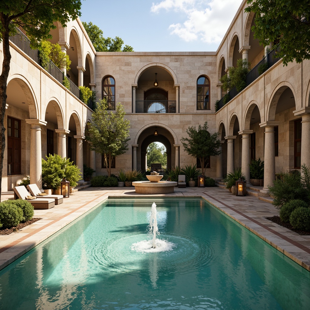 Prompt: Romanesque swimming pool, natural stone walls, ornate carvings, grand archways, turquoise water, gentle ripples, central fountain, splashing water features, lush greenery, surrounding columns, rustic lanterns, warm sunny day, soft golden lighting, shallow depth of field, 1/1 composition, symmetrical view, realistic textures, ambient occlusion.