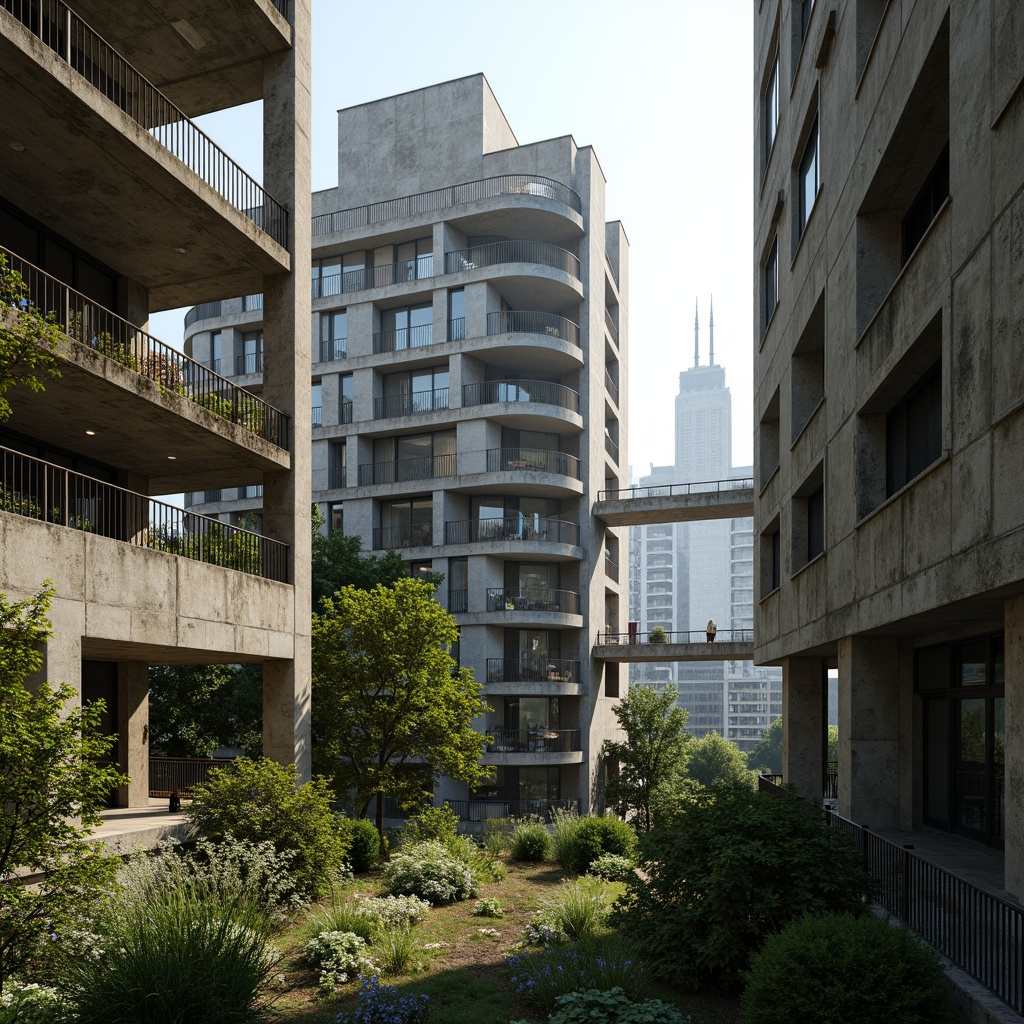 Prompt: Rugged brutalist buildings, raw concrete textures, fortress-like structures, overgrown vegetation, wildflowers, moss-covered walls, weathered steel beams, industrial materials, urban landscape integration, cityscape views, elevated walkways, cantilevered sections, dramatic shadows, harsh natural light, 1/1 composition, symmetrical framing, high-contrast lighting, gritty realistic textures, ambient occlusion.