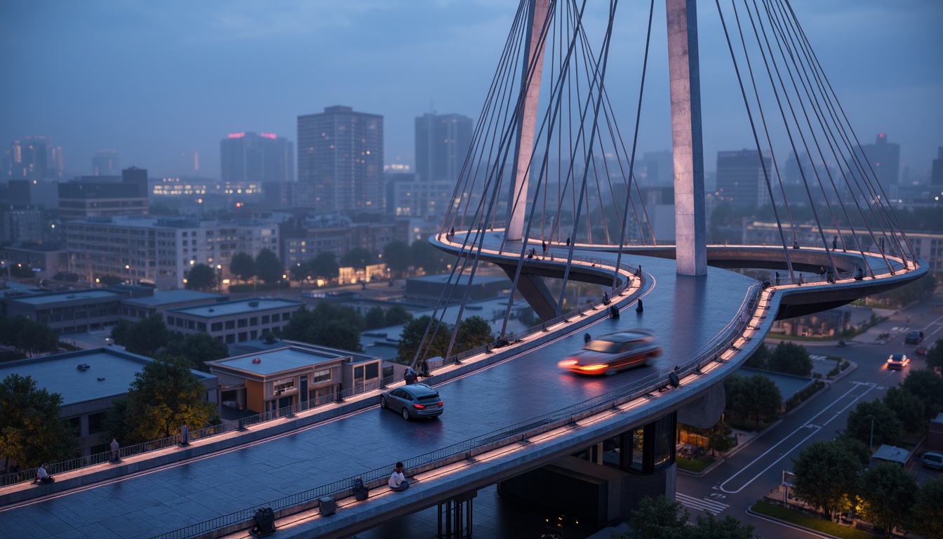 Prompt: Futuristic bridge design, metallic structures, iridescent materials, reflective surfaces, neon-lit accents, glowing lines, sleek curves, minimalist railings, modern urban landscape, cityscape at dusk, vibrant nightlife, misty atmosphere, shallow depth of field, 3/4 composition, panoramic view, realistic textures, ambient occlusion.