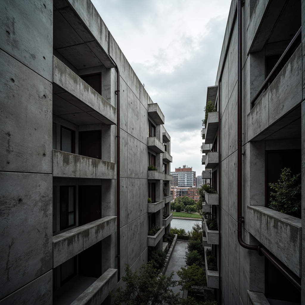 Prompt: Exposed concrete walls, rugged textures, industrial pipes, raw steel beams, minimalist balconies, brutalist architecture, urban cityscape, gloomy overcast sky, dramatic shadows, high-contrast lighting, bold geometric forms, functional simplicity, distressed finishes, poured-in-place concrete, cold monochromatic color palette, 1/1 composition, low-angle shot, cinematic atmosphere, gritty realistic textures.