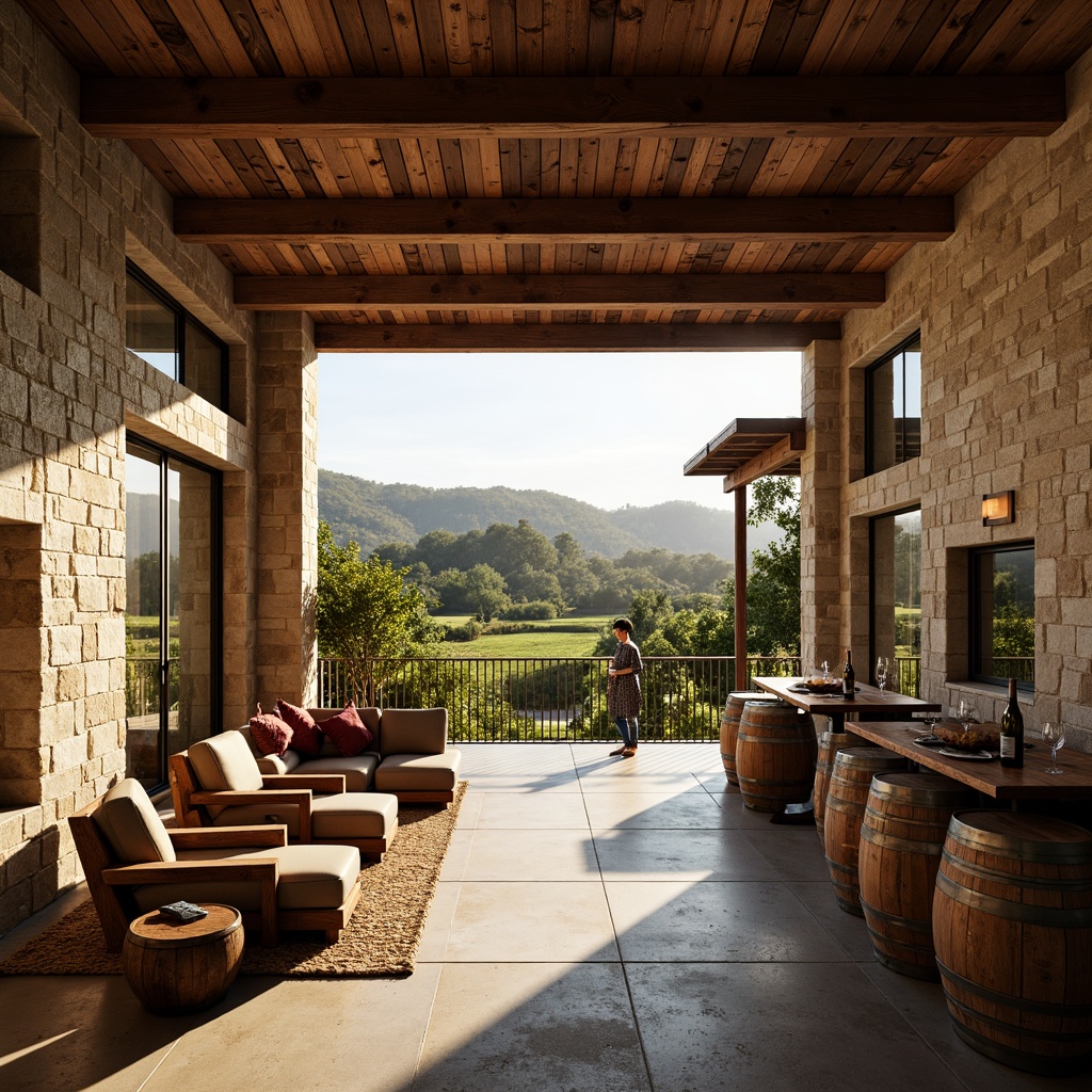 Prompt: Rustic winery building, earthy tones, natural stone walls, wooden barrels, vineyard views, rolling hills, sunny afternoon, warm soft lighting, shallow depth of field, 3/4 composition, panoramic view, realistic textures, ambient occlusion, reclaimed wood accents, industrial metal beams, exposed brick ceilings, modern minimalist decor, sleek glass railings, wine cellar atmosphere, rich leather furnishings, elegant chandeliers, sophisticated color palette.