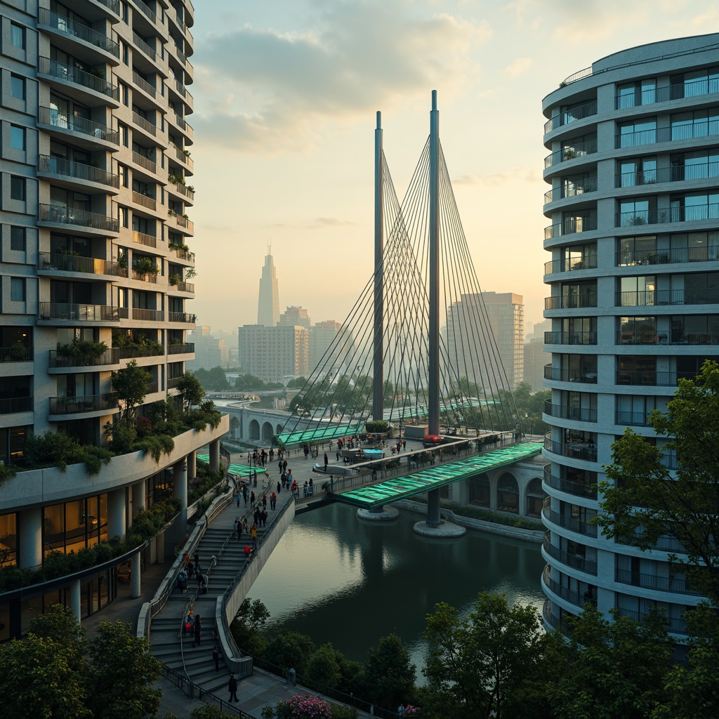 Prompt: Vibrant fusion architecture, curved bridge structures, steel cables, suspension systems, modern urban landscape, city skyline, misty morning atmosphere, warm golden lighting, soft focus effect, 1/2 composition, low-angle shot, rich textures, ambient occlusion, iridescent blue-green color scheme, neon accents, metallic sheen, glass railings, LED light installations, futuristic ambiance.