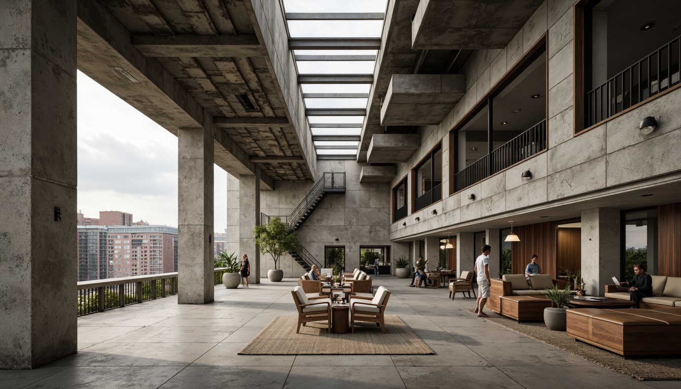 Prompt: Rugged community center, brutalist architecture, raw concrete walls, exposed ductwork, industrial metal beams, natural light pouring in, large skylights, clerestory windows, urban landscape views, gritty cityscape, overcast sky, soft diffused lighting, high contrast shadows, dramatic architectural angles, bold structural elements, minimalist interior design, functional simplicity, communal gathering spaces, reclaimed wood accents, earthy color palette, organic textures, 3/4 composition, cinematic framing, realistic render.