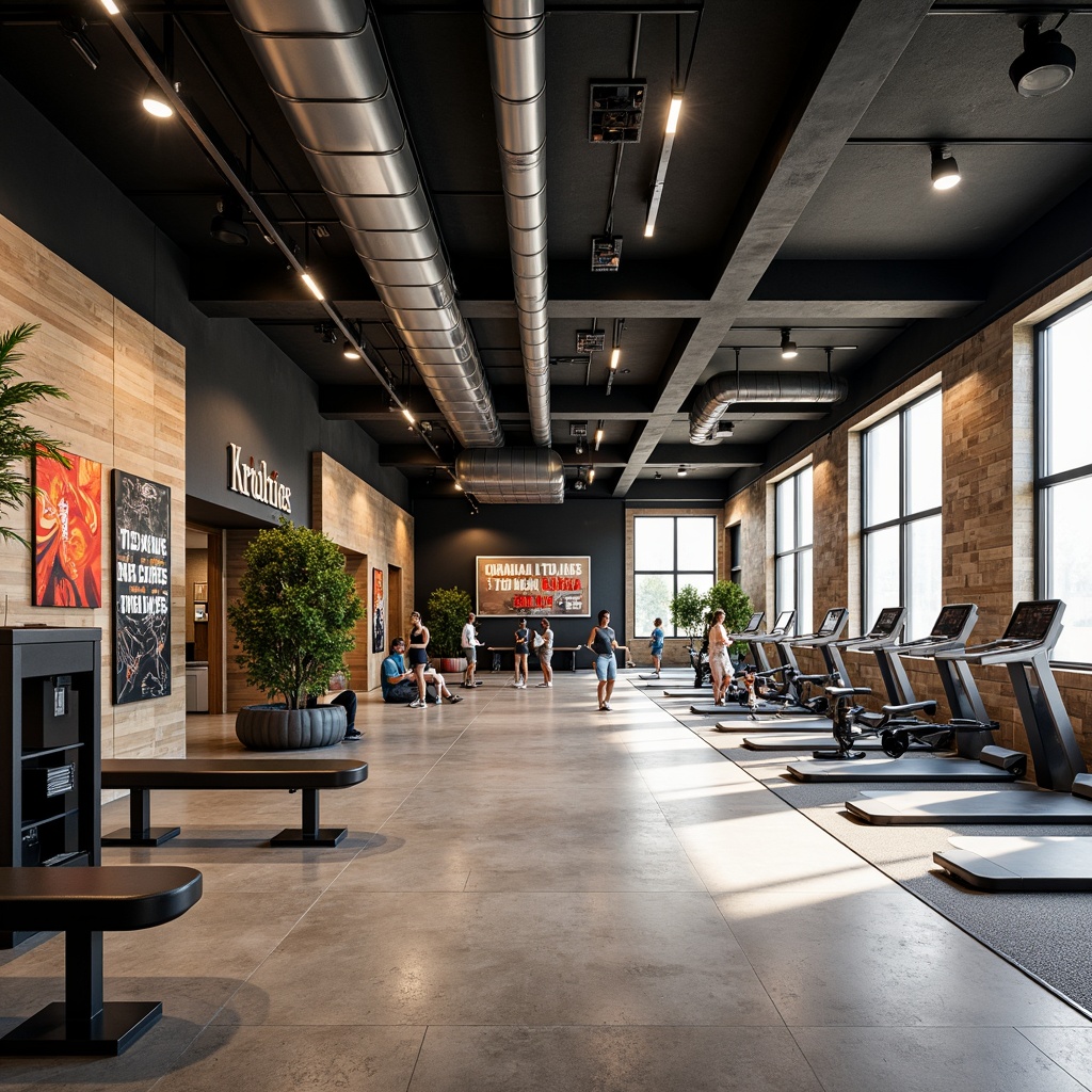 Prompt: Modern fitness center, industrial chic aesthetic, exposed ductwork, polished concrete floors, reclaimed wood accents, minimalist decor, motivational quotes, state-of-the-art equipment, mirrored walls, rubber flooring, sound-absorbing panels, natural ventilation systems, abundant daylight, high ceilings, sleek metal beams, dynamic color schemes, energetic atmosphere, shallow depth of field, 1/1 composition, realistic textures, ambient occlusion.