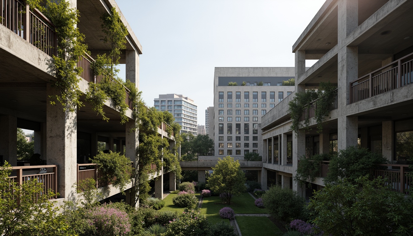 Prompt: Rugged brutalist buildings, raw concrete textures, fortress-like structures, overgrown vegetation, wildflowers, moss-covered walls, weathered steel beams, industrial materials, urban landscape integration, cityscape views, elevated walkways, cantilevered sections, dramatic shadows, harsh natural light, 1/1 composition, symmetrical framing, high-contrast lighting, gritty realistic textures, ambient occlusion.