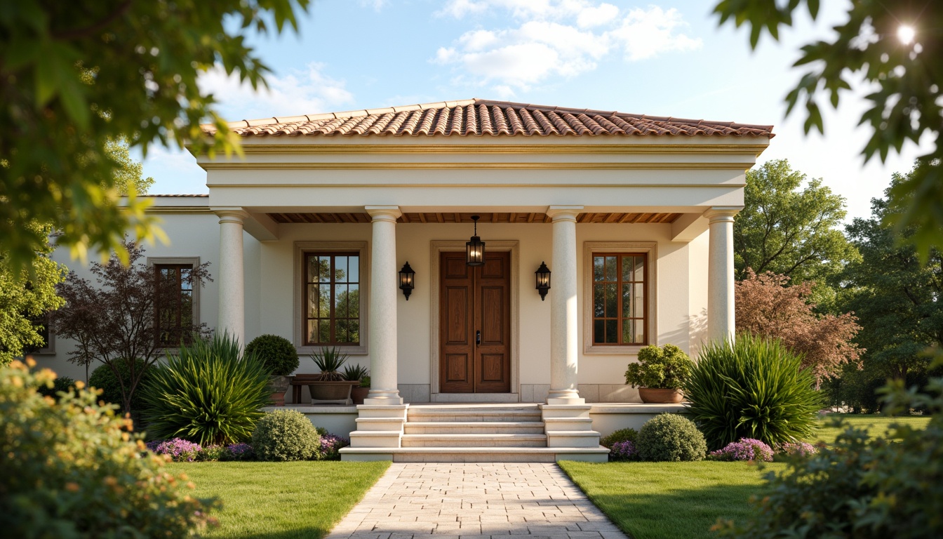 Prompt: Elegant classicism style house, soft cream facade, warm beige columns, ornate golden details, rich brown wooden doors, subtle terracotta roof tiles, lush greenery surroundings, vibrant blooming flowers, serene natural ambiance, warm sunny day, soft diffused lighting, shallow depth of field, 3/4 composition, realistic textures, ambient occlusion.