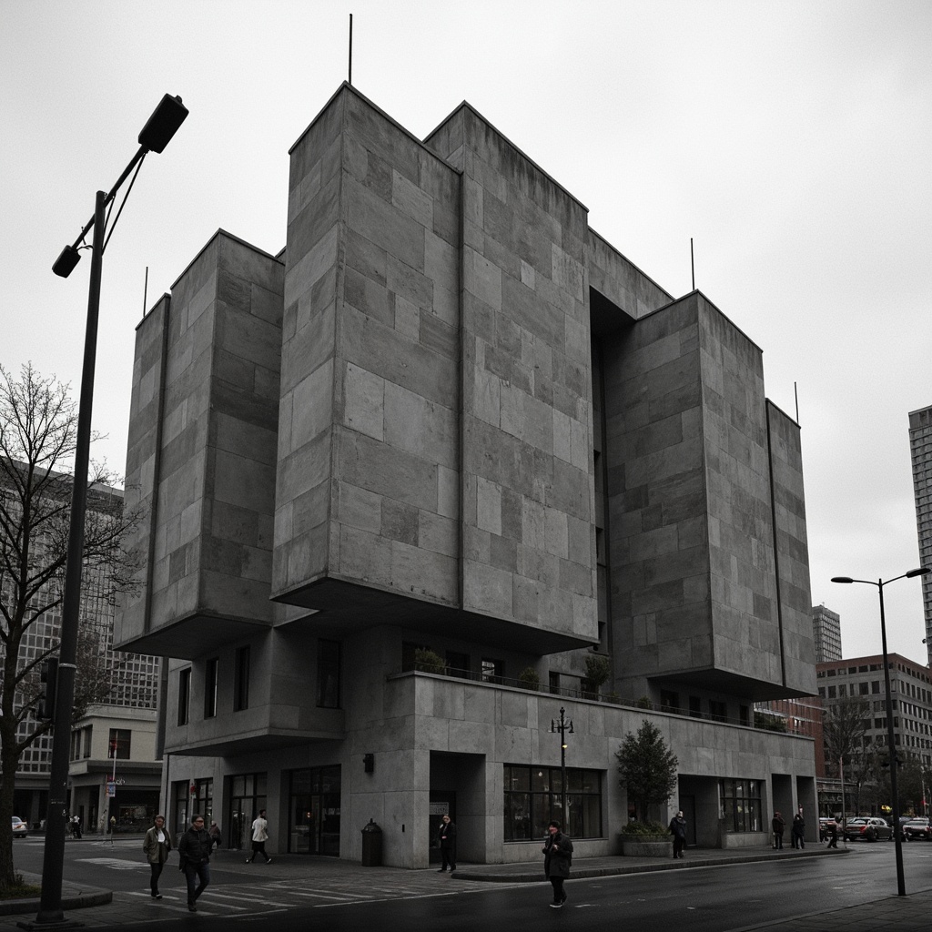 Prompt: Rugged brutalist building, exposed concrete walls, raw industrial materials, bold geometric forms, dramatic shadows, harsh contrasts, urban cityscape, overcast sky, strong vertical lines, fortress-like structure, monumental scale, abstract sculptures, cold monochromatic color scheme, high-contrast lighting, deep depth of field, 1/2 composition, cinematic atmosphere, gritty textures, ambient occlusion.