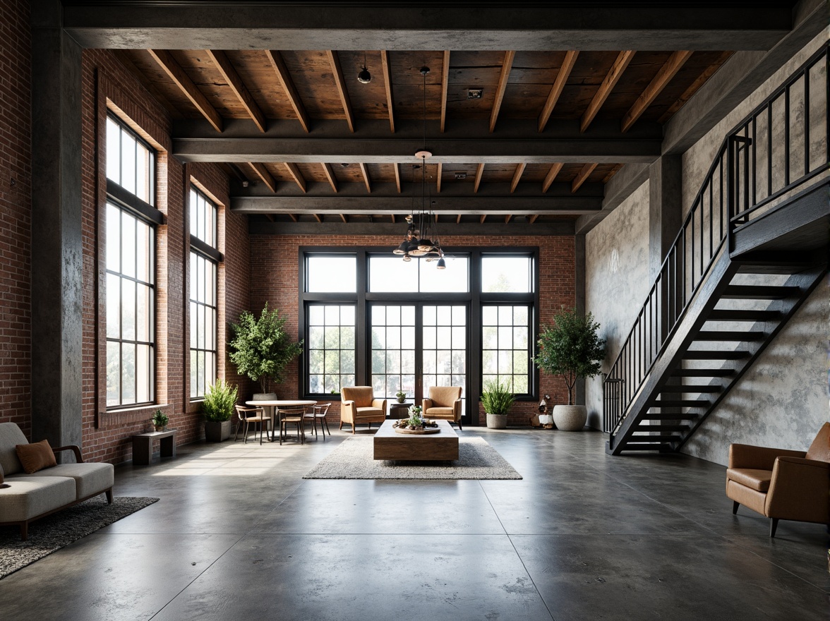 Prompt: Exposed steel beams, industrial chic aesthetic, polished concrete floors, minimalist decor, modern urban loft, open-plan living space, floor-to-ceiling windows, natural light pouring in, sleek metal staircases, geometric-shaped railings, reclaimed wood accents, distressed brick walls, edgy architectural lines, dramatic shadows, high-contrast lighting, 1/1 composition, symmetrical framing, realistic textures, ambient occlusion.